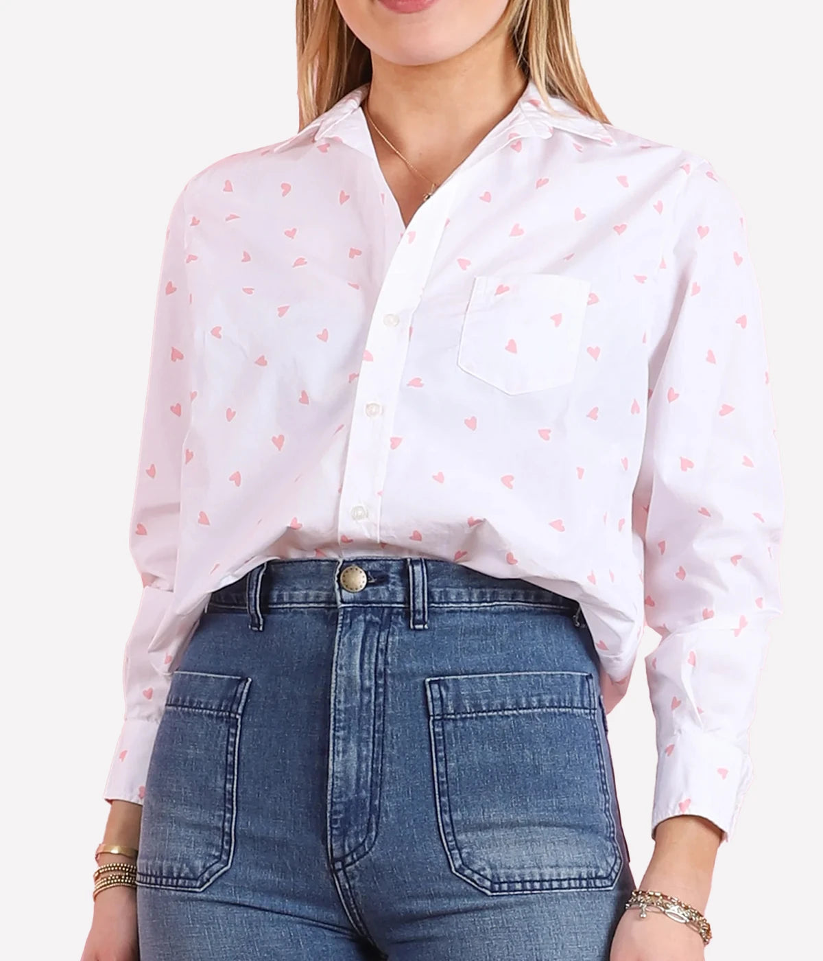 Eileen Relaxed Button Up Shirt in Pink Messy Hearts Cotton