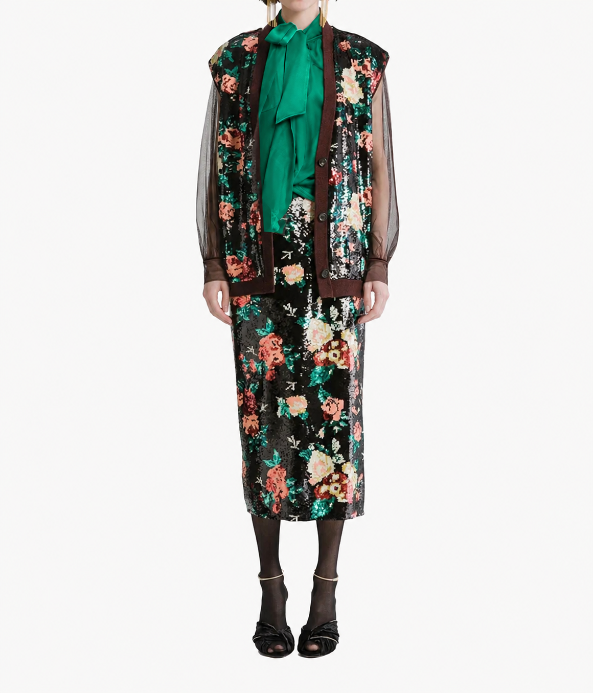 Woman wearing the Forte Forte silk satin sash top in Royal with a floral sequin skirt and a sheer layer over the top, full-length front view.