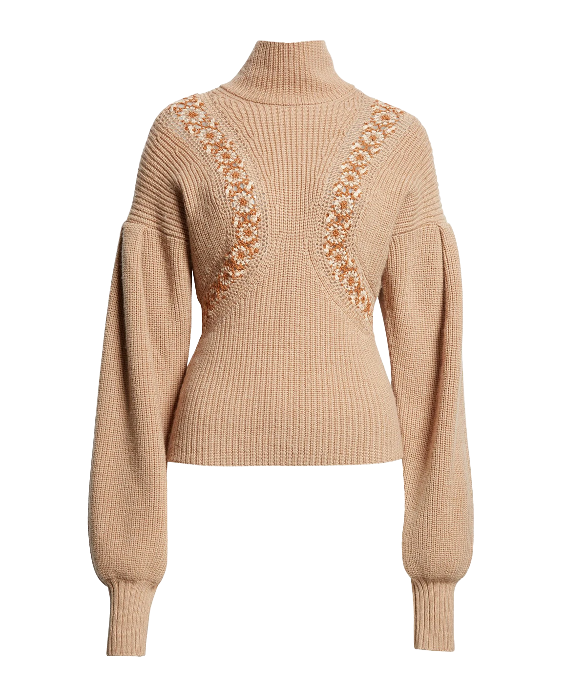 High neck pullover style sweater. Blouson long sleeves, crochet floral detail, ribbed knit. Retro bohemian inspired turtleneck.