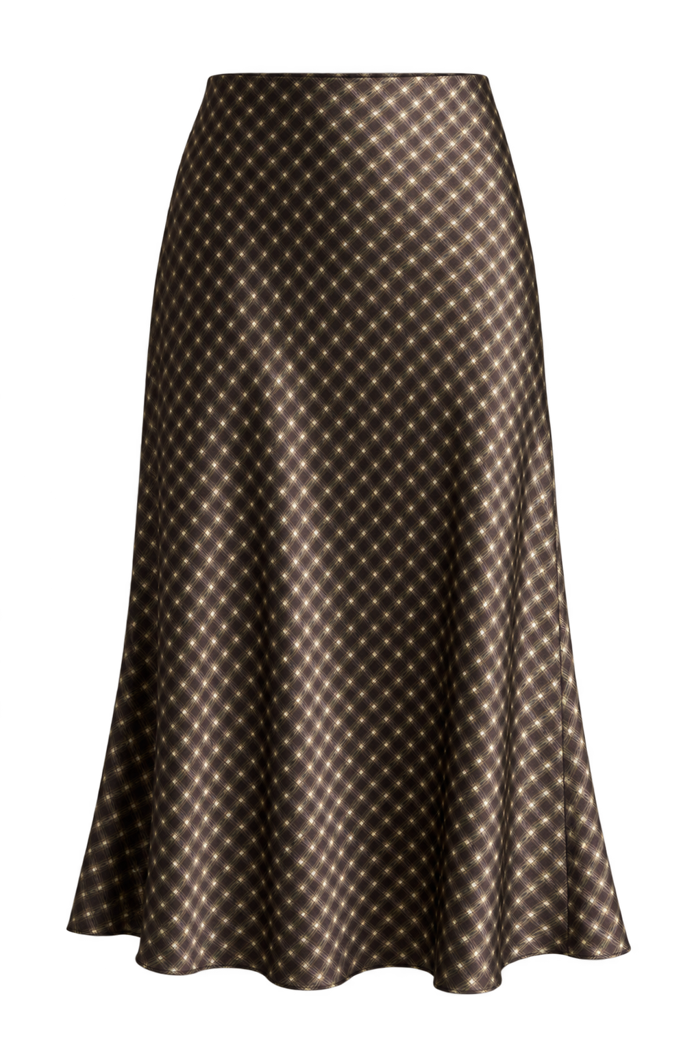 Front view of a flat lay the Vince Ombre Plaid Skirt In Black Camel, showing the bias-cut midi length