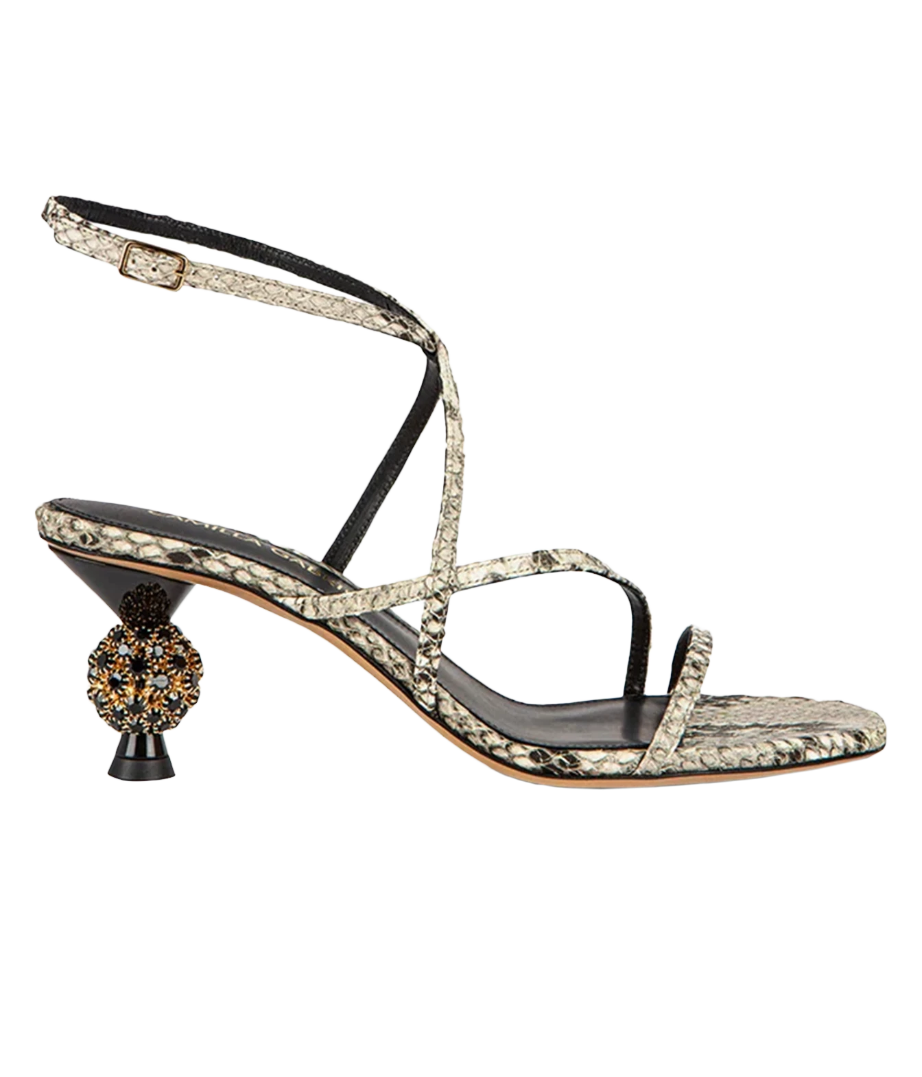 A single women's heeled sandal with a snakeskin-patterned upper, black ankle strap, and a decorative black and gold ball detail on the heel, shown against a plain white background.