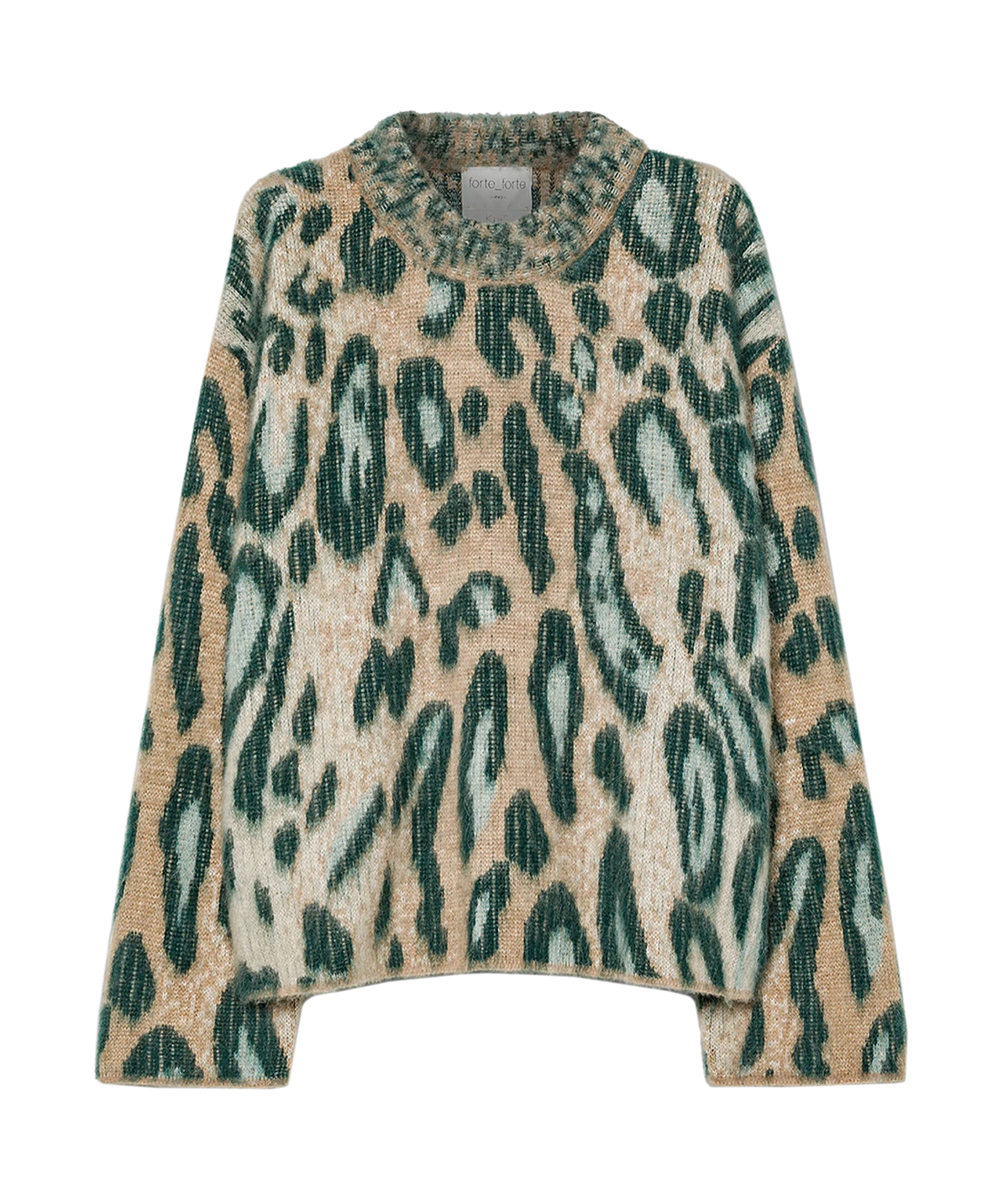 Front product view of the Forte Forte Brit Leopard alpaca jacquard sweater in Woods, with a green and cream leopard pattern on a beige ground and a patterned crew neckline.