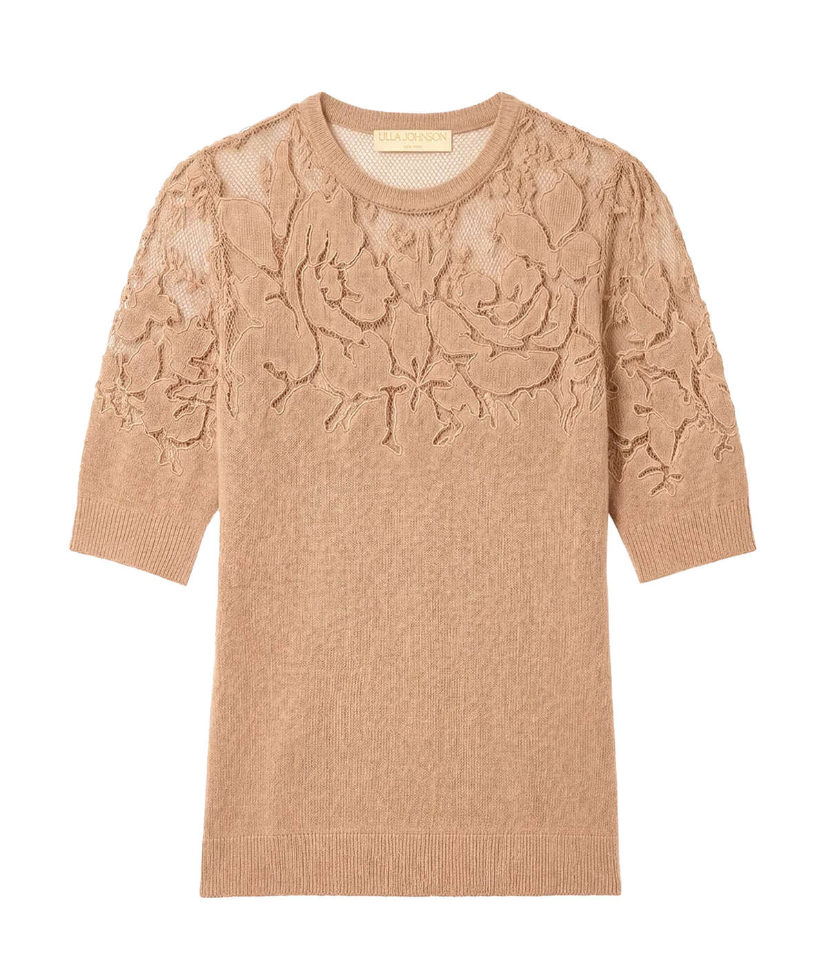 Ulla Johnson Ella Short Sleeve Lace Top in Almond front product view