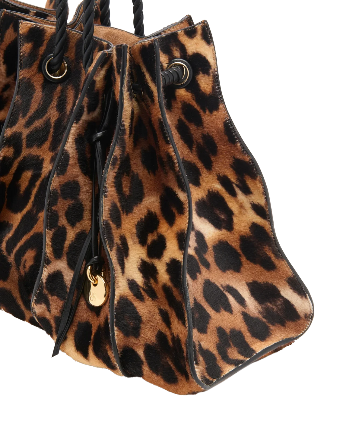 Ulla Johnson Adria Large Drawstring Tote in Leopard, close-up of drawstring and charm
