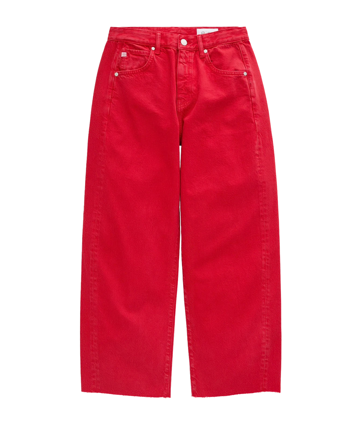 AG Hattie Crop in Recording Red laid flat, showing the high-rise waist, five-pocket design, curved barrel legs and raw cropped hems