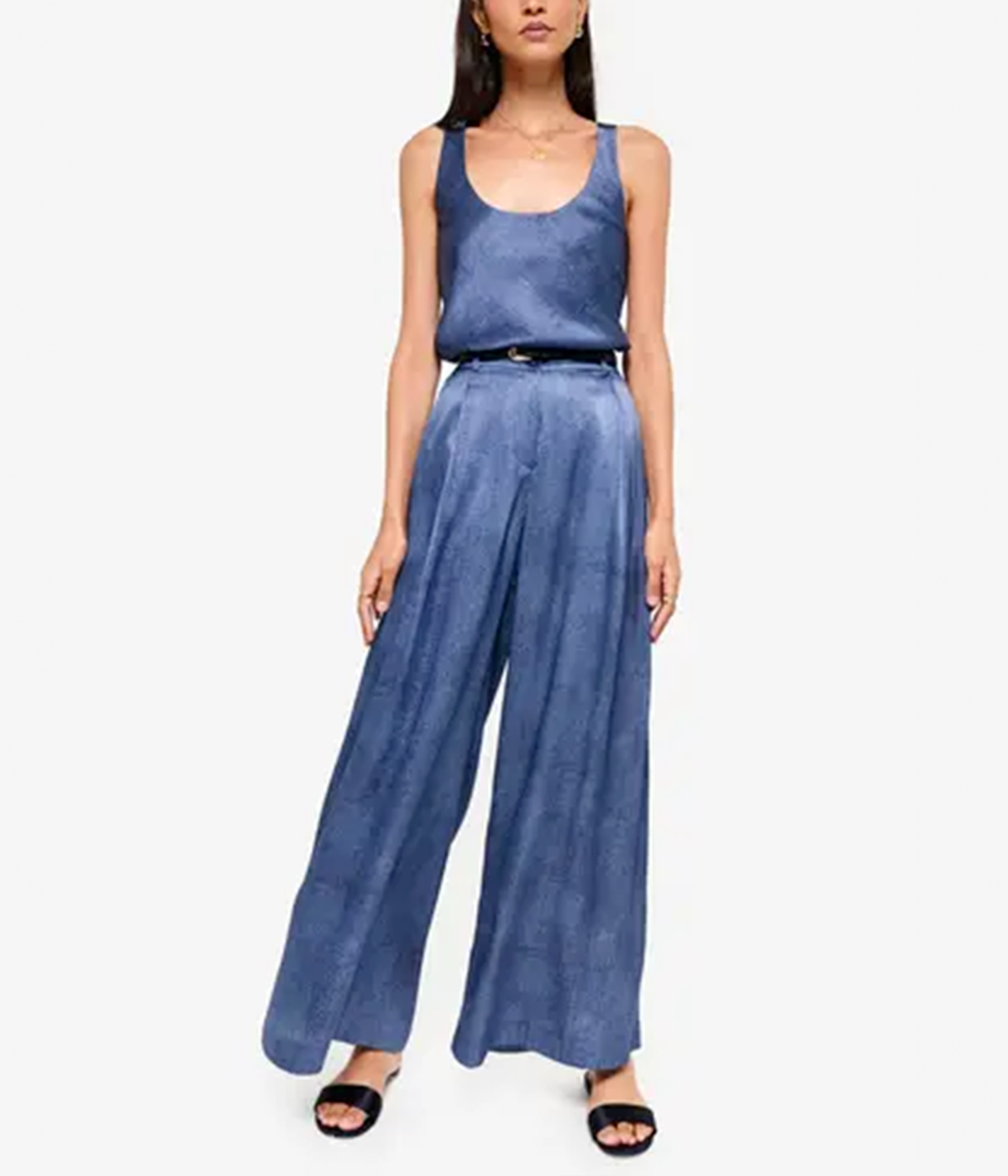 ALT text: Wide-leg silk pants with denim print, zip fly, side pockets, and back welt pockets.