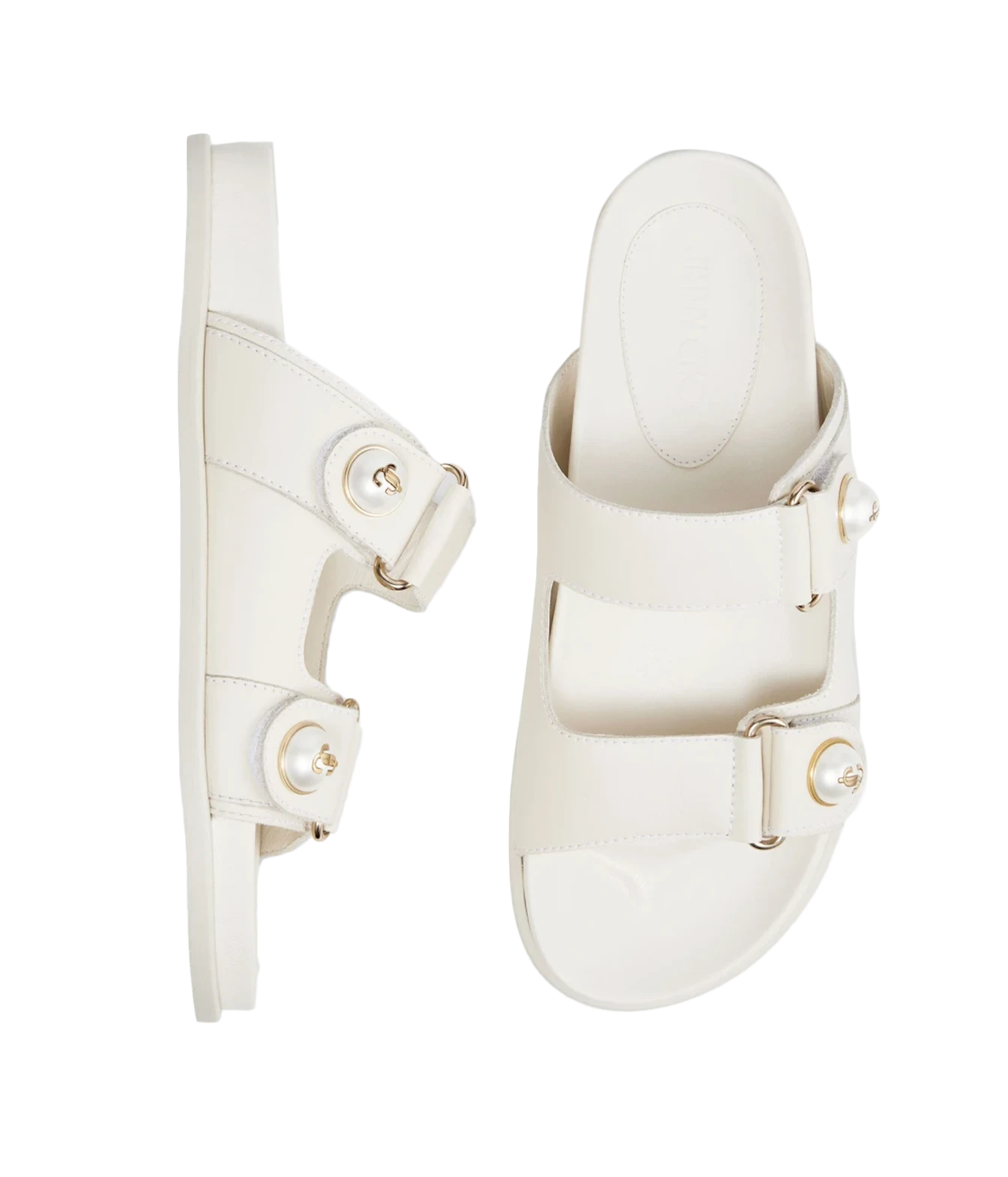 A pair of off-white double-strap slide sandals with gold-tone hardware and pearl embellishments, shown from two angles on a plain white background.