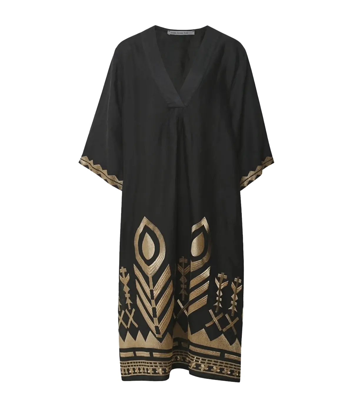 A greek inspired midi dress in a charcoal and gold embroidery. Short sleeves, v neckline, midi length, 100% linen. Throw on and go, bra friendly, summer staple, lightweight, made in greece.