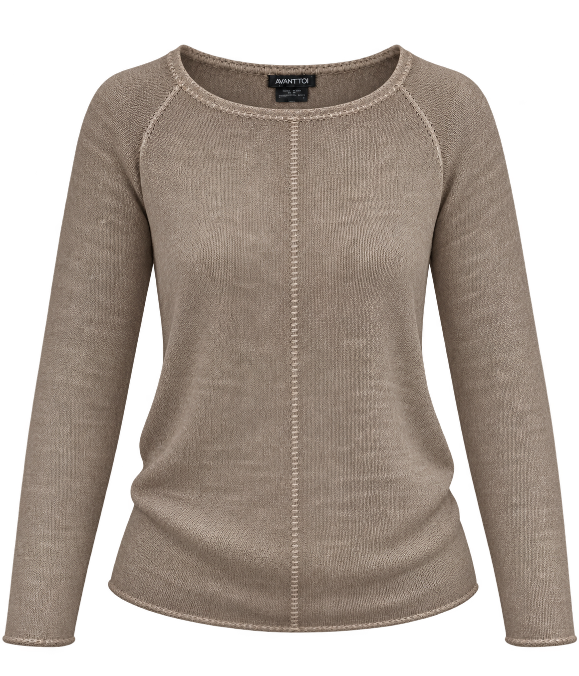 Front product view of Avant Toi Maglia Pullover in Taupe showing the boatneck and contrast stitching