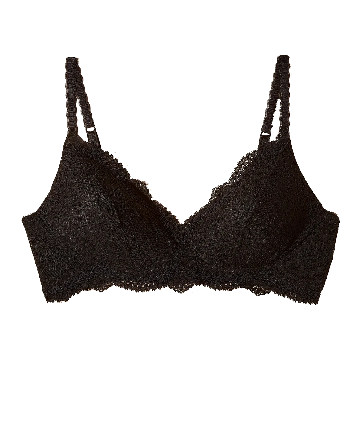 ALT Text: Wireless padded bralette with floral lace and scalloped edges, full-coverage cups, adjustable straps, and hook-and-eye back closure.