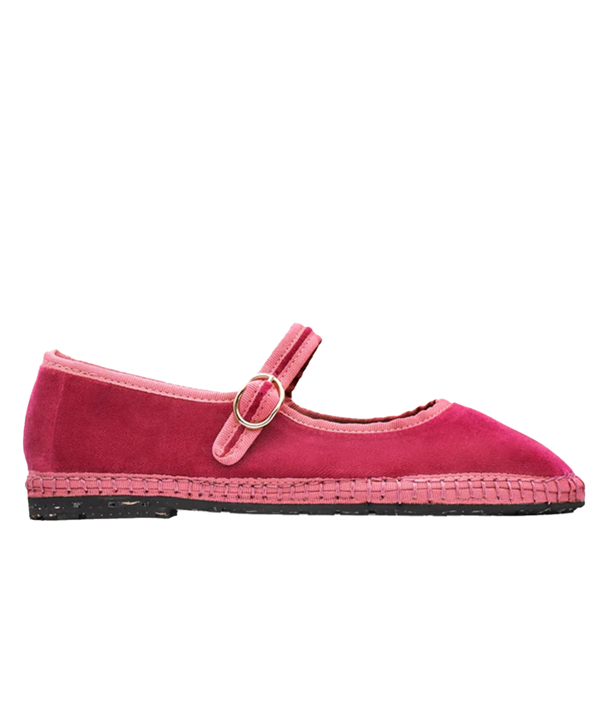 Side profile of the Flabelus Frances in Rosa, showing the pink cotton velvet upper, tonal piping and single buckle strap across the instep