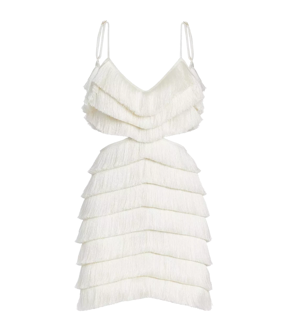 A hand crafted fringe mini dress, with adjustable spaghettis straps, two side cut outs and low back detailing. Date night outfit, sexy mini dress, boat party, made internationally.  