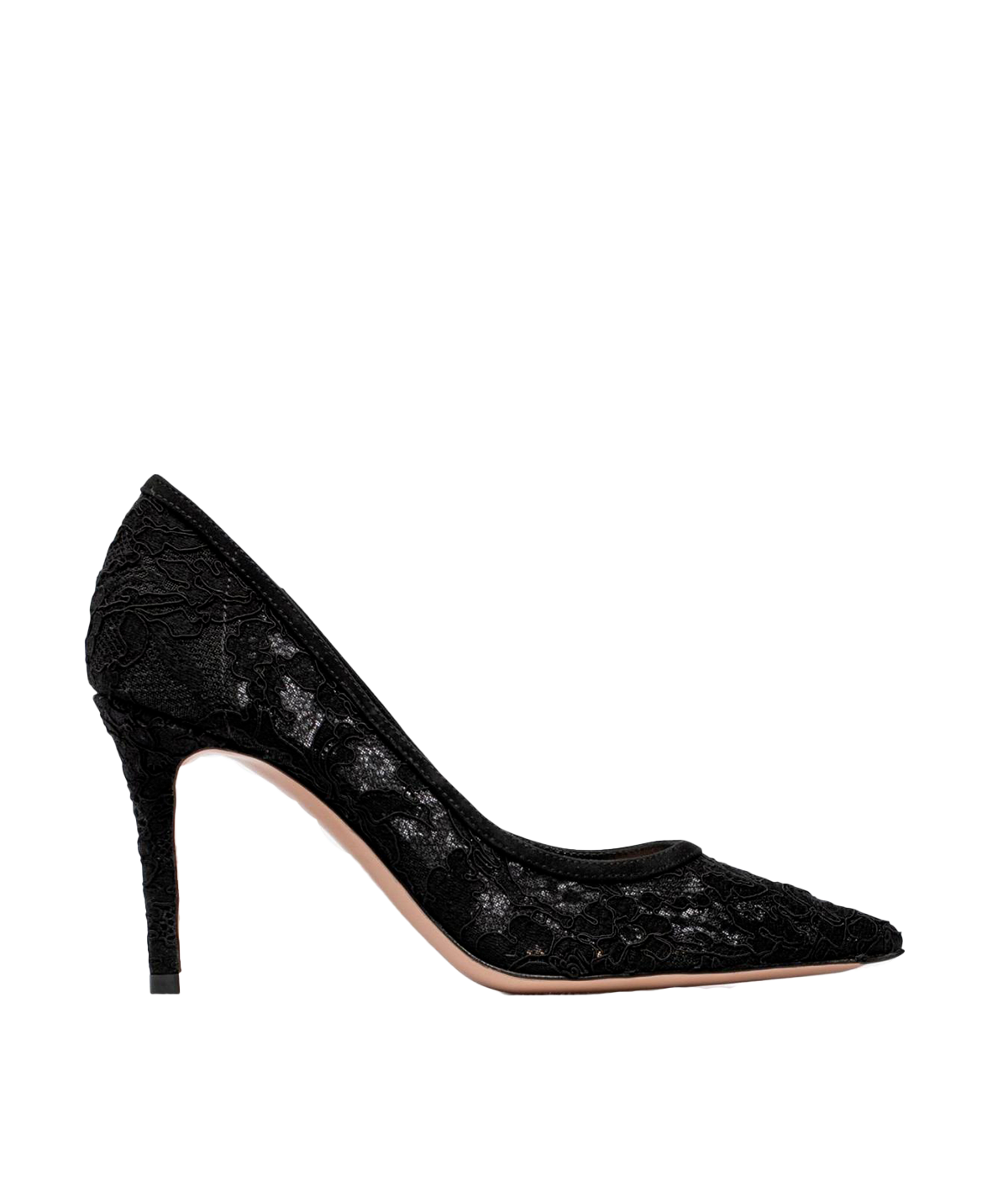 Elegant black Gianvito Rossi pumps with a delicate lace upper, leather interior, and an 8.5 cm heel, perfect for formal and chic occasions.