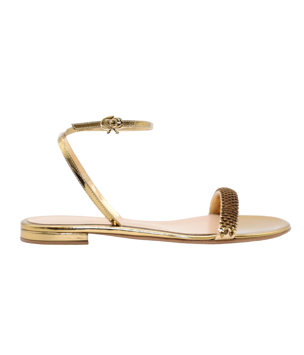 ALT TEXT: Gold Gianvito Rossi flat sandals with ankle strap and embellished front strap