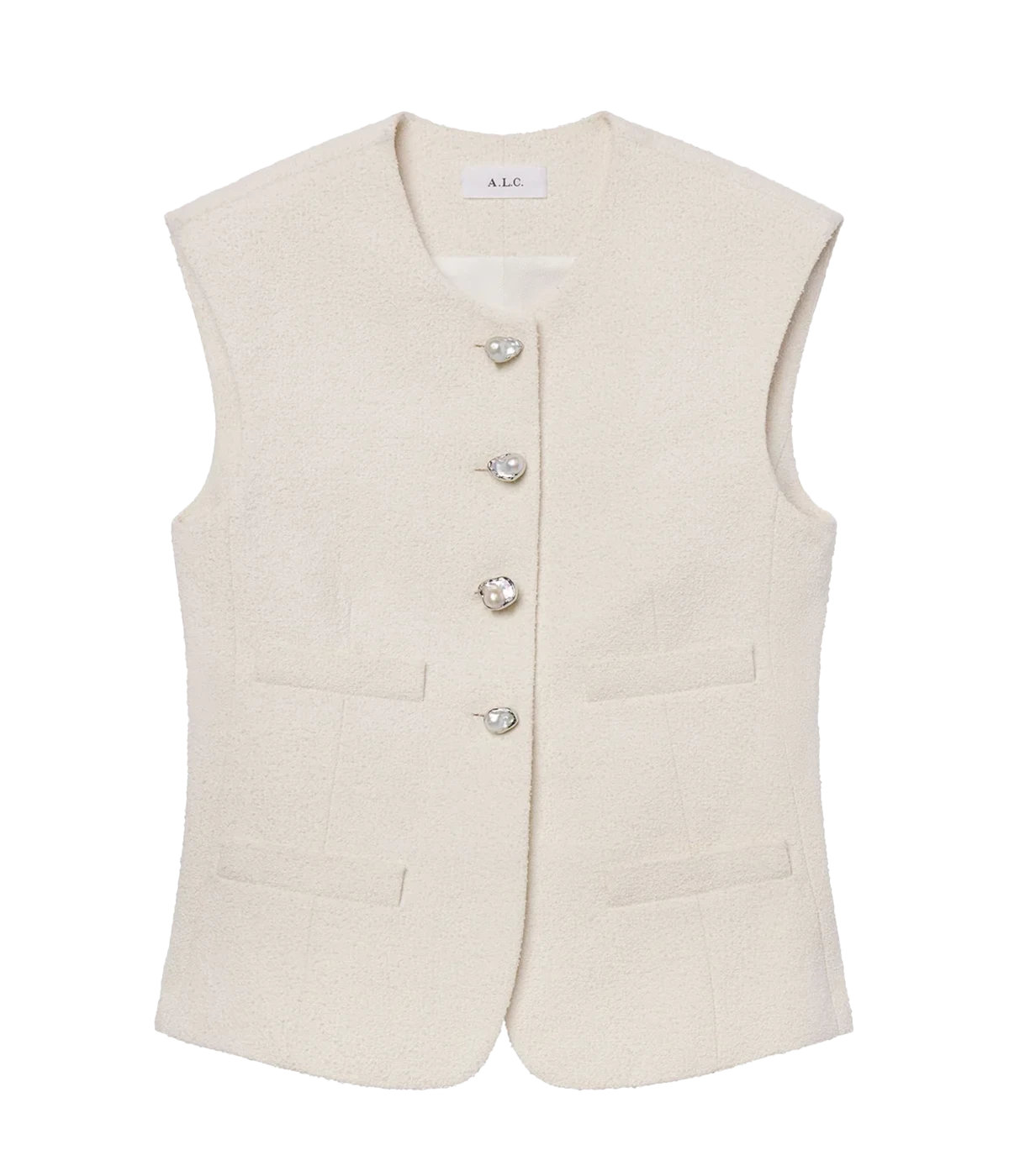ALT text: Pearl-white Italian tweed vest with freshwater pearl buttons, round neckline, and welt pockets, styled in a sleeveless tailored silhouette.