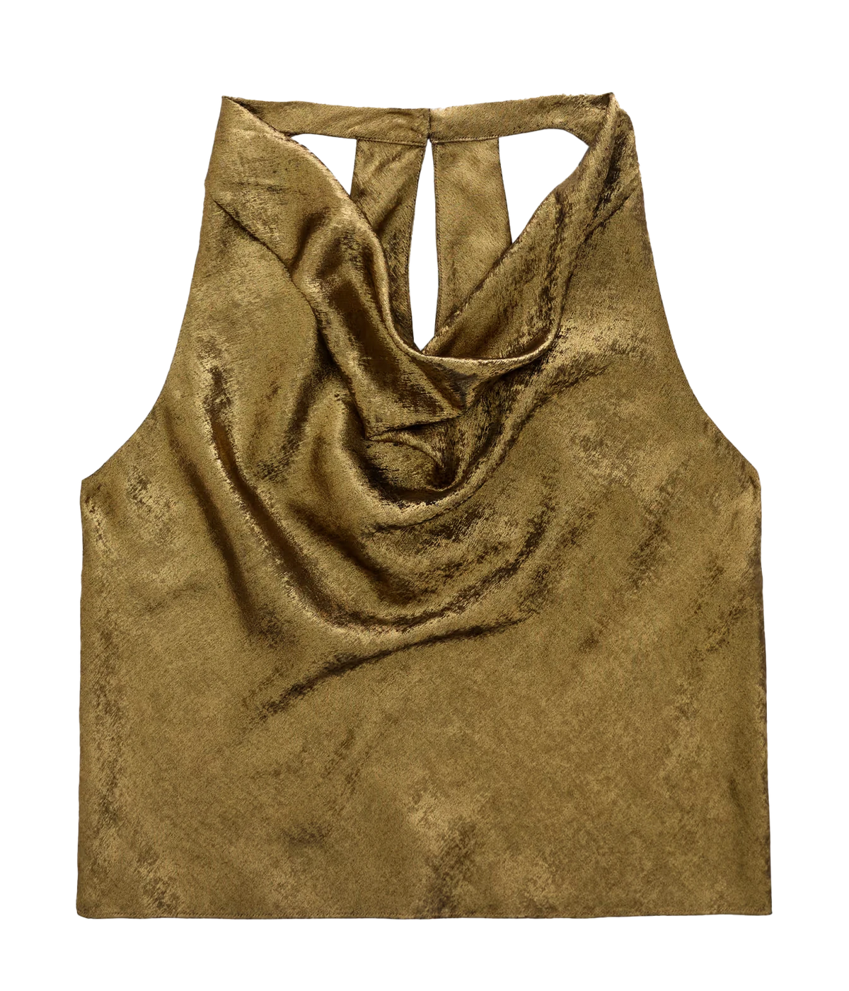 AG Kacey Top in Wild Light laid flat, showing the olive gold satin sheen, draped cowl neckline and halter straps with a keyhole back