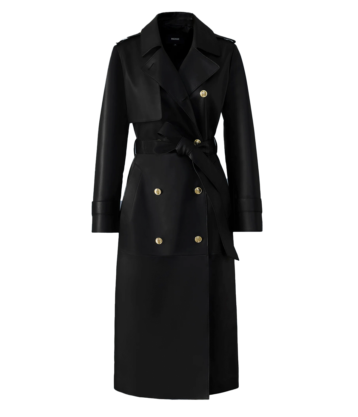 ALT text: GAEL-V maxi leather trench coat in black with wide lapels, sash belt and double-breasted silhouette