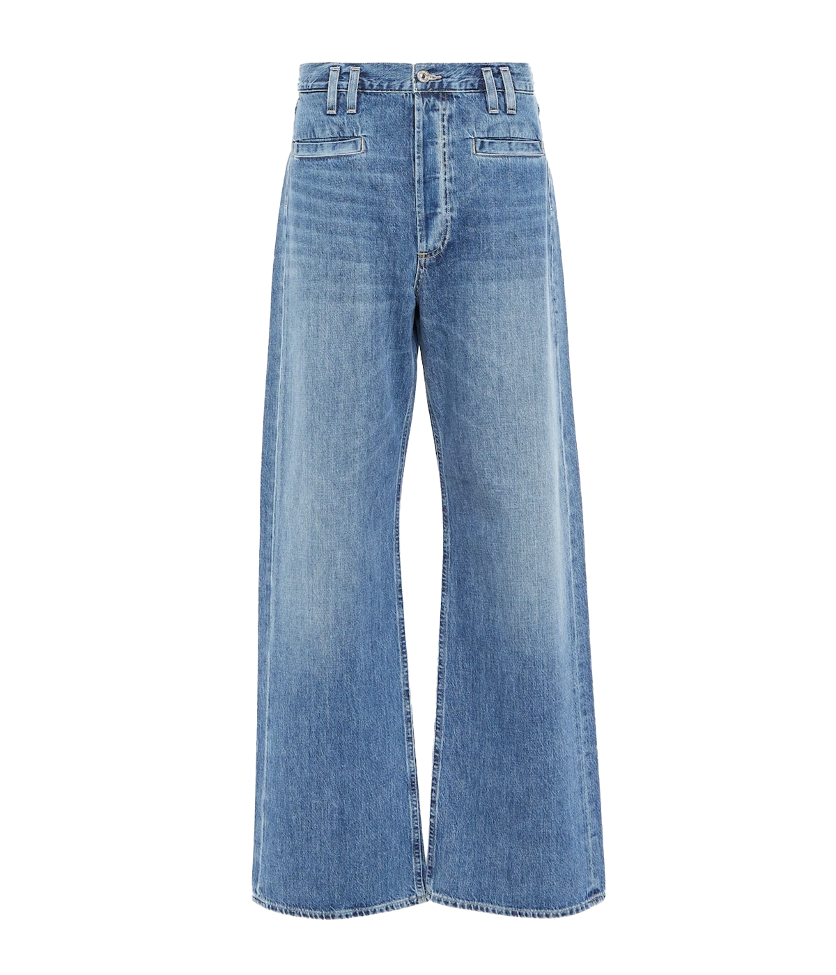 A medium blue wash elevated denim jean, with double belt loop and front welt pocket detailing. Featuring a wide leg, clean hem, zip and button closure and 5 pockets. Elevated Jean, Everyday Jean, Vintage inspired jean, made in USA, comfortable, organic.