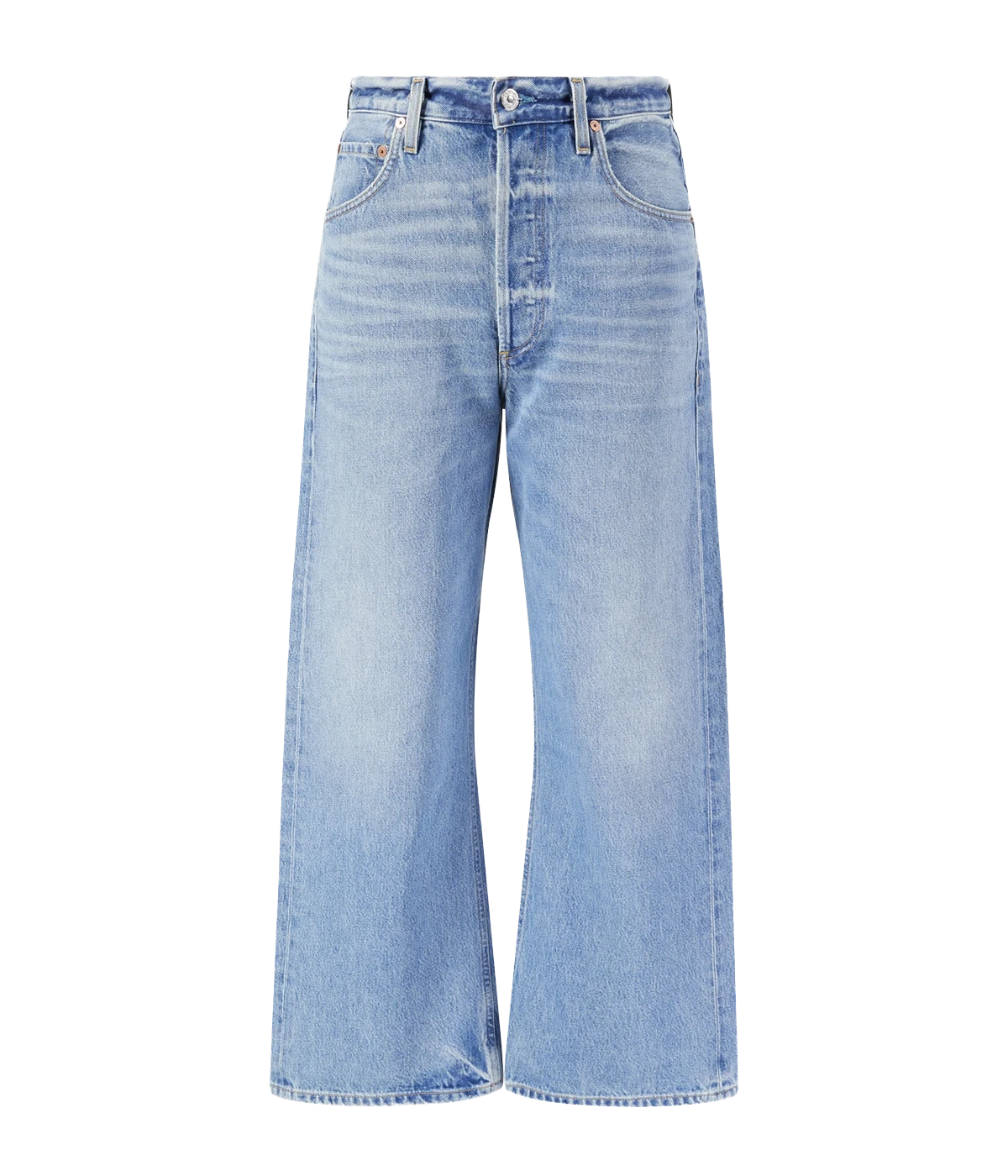 A light blue washed elevated denim jean, Featuring a wide leg, horse shoe jean clean hem, zip and button closure and 5 pockets. Elevated Jean, Everyday Jean, Vintage inspired jean, made in USA, comfortable, organic.
