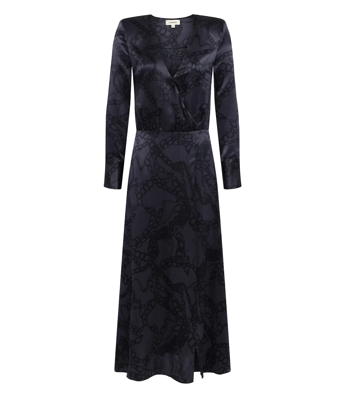 Black long sleeve silk dress with a tonal chain print. Deep V neck and plunge V neckline by L'agence.