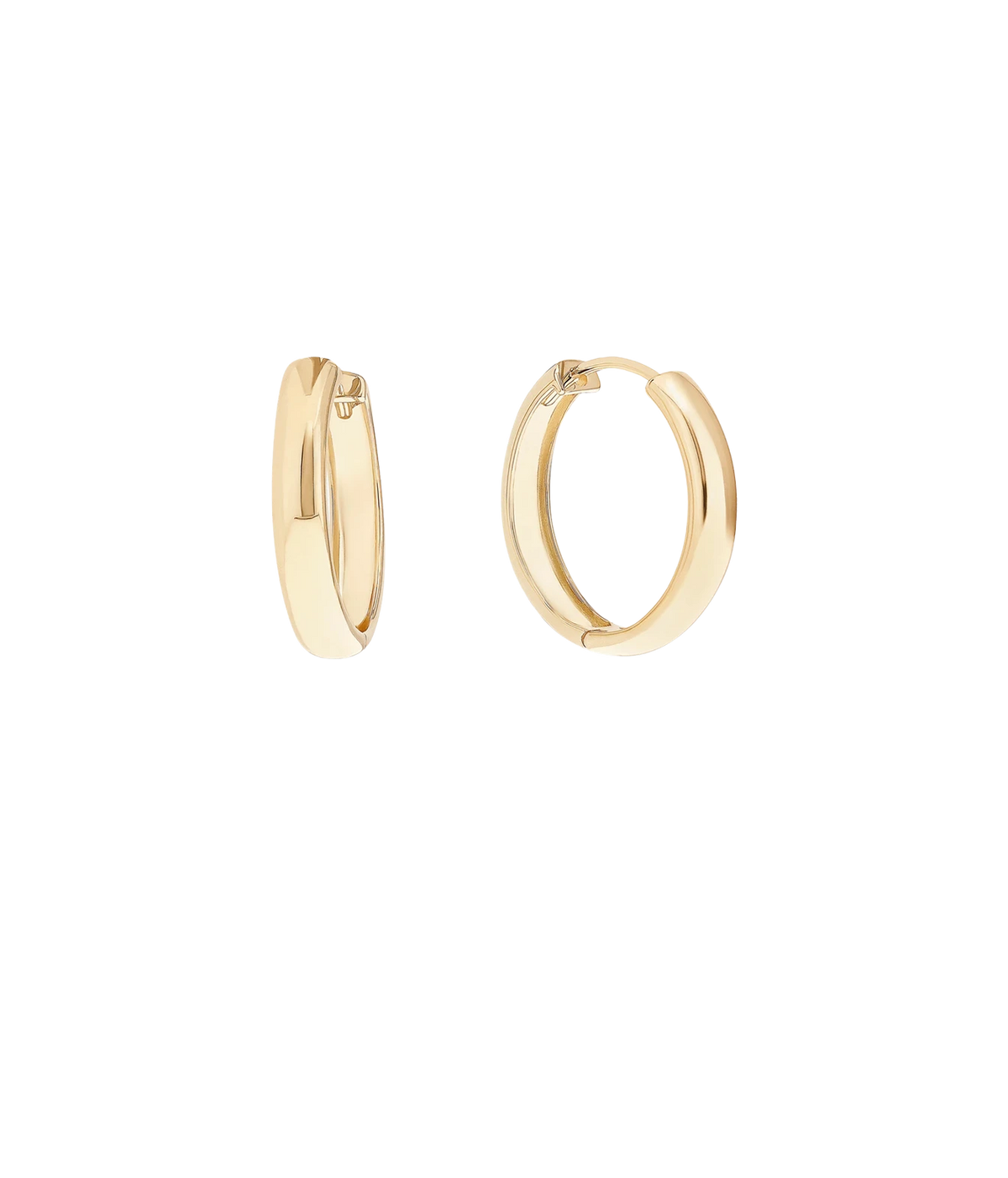 LANA Gold Hinged Huggies in Yellow Gold shown as a pair, with polished slim huggie hoops and a hinged closure