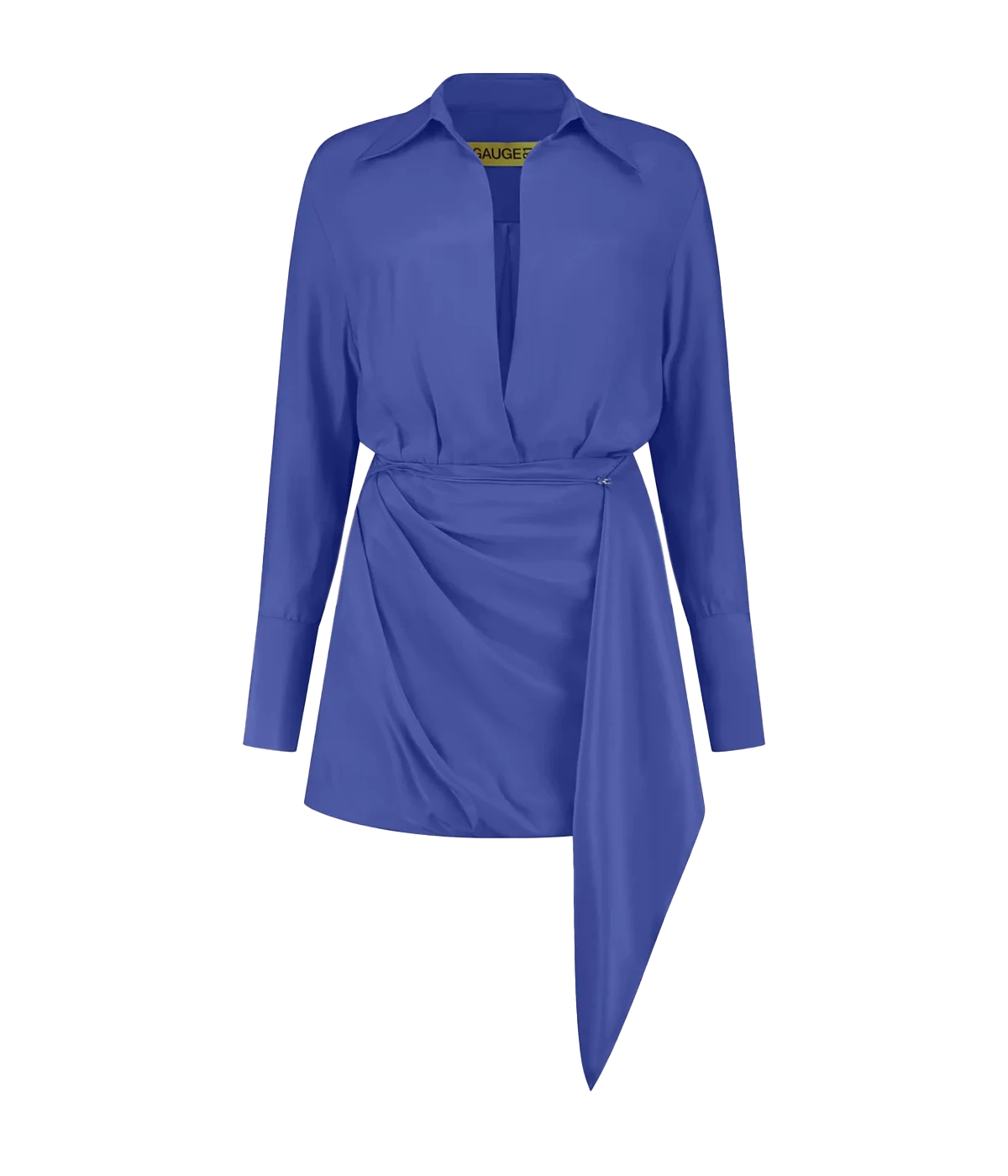  A sexy and sophisticated date night dress made form 100% silk featuring a purple colourway, shirt dress style, long sleeves, wrap front detail, open deep v neckline, panel hooked over front and wrap detail. 100% silk, made in Amsterdam, date night dress, bra friendly, comfortable.   