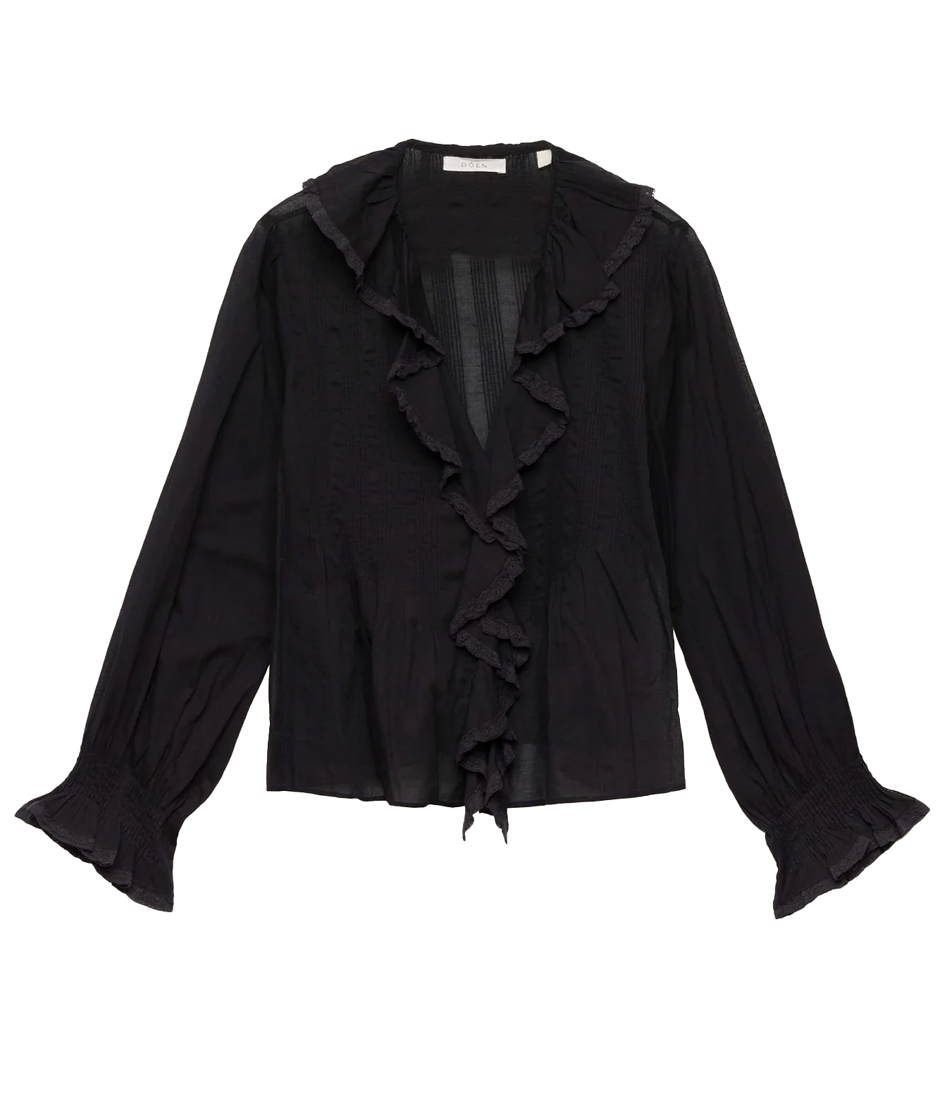 A black long-sleeve blouse with a ruffled collar, ruffled front trim, and gathered elastic cuffs, shown flat against a white background.