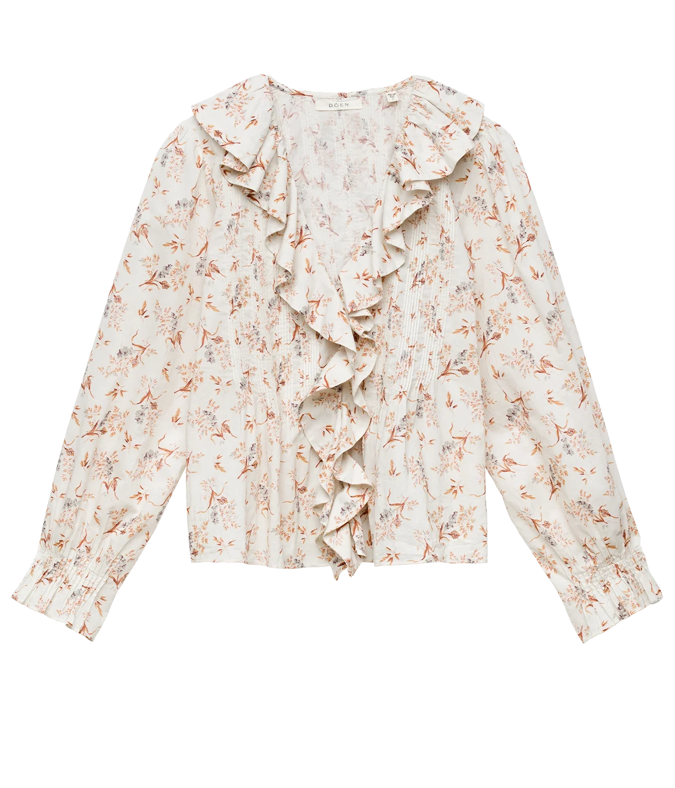A long-sleeve blouse with a cream base and a delicate orange-brown floral print, featuring prominent ruffles along the front neckline and a ruffled hemline.