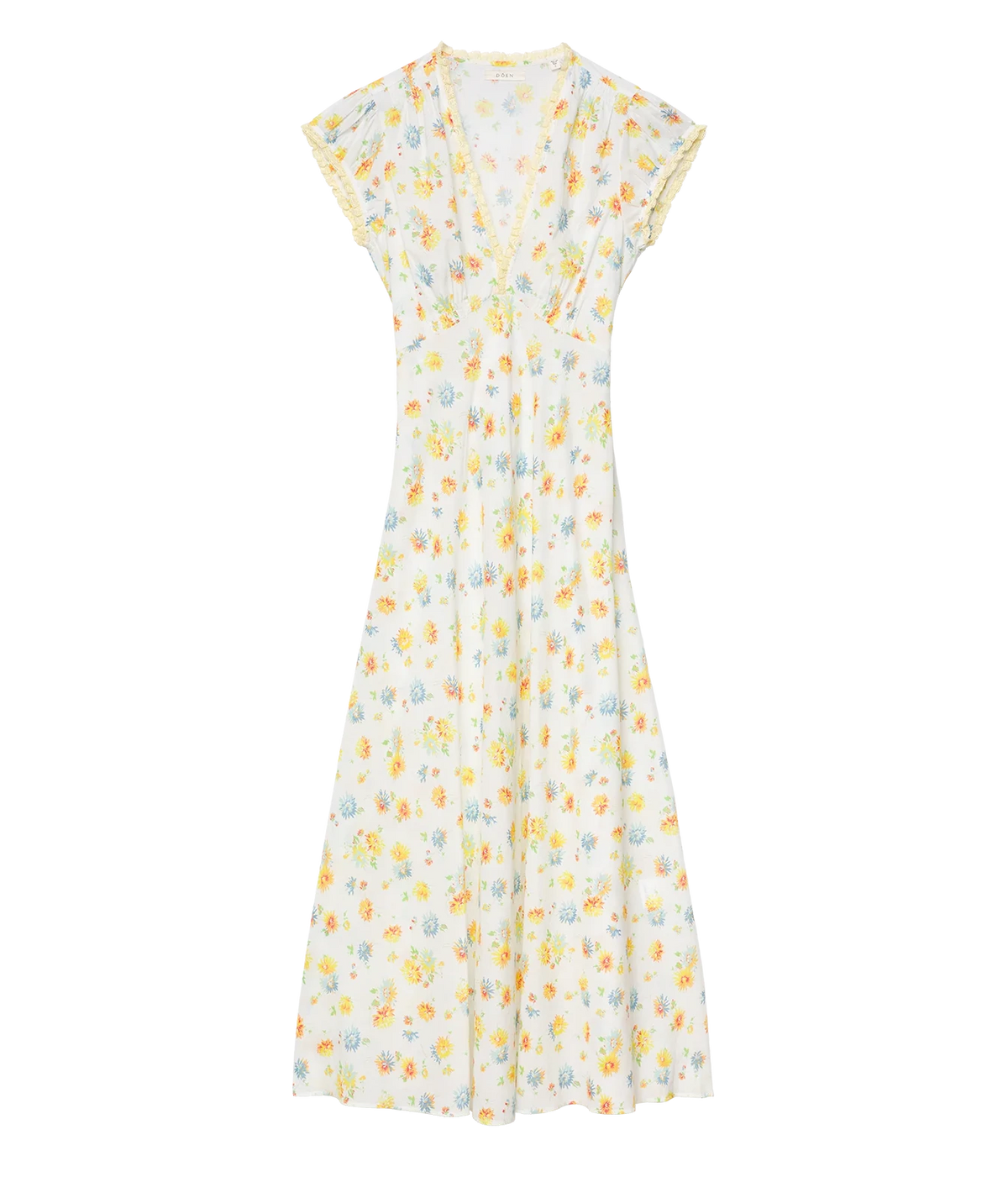 A white midi-length dress with a delicate yellow and light blue floral print, featuring short flutter sleeves and a V-neckline, shown against a plain white background.