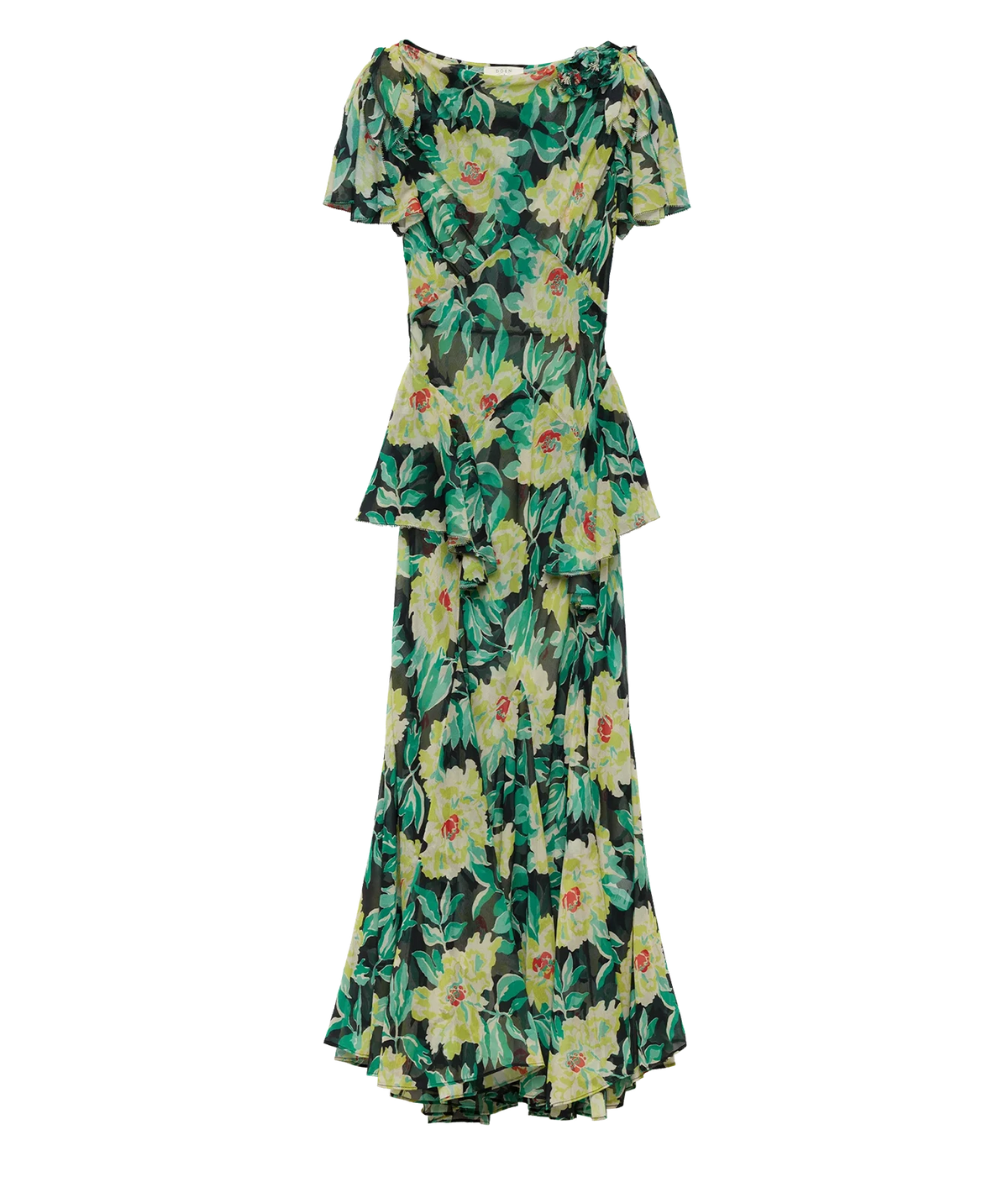 DÔEN Hesperia Dress In Hanbury Garden laid flat, showing the green and yellow floral print, short flutter sleeves, tiered waist and maxi length