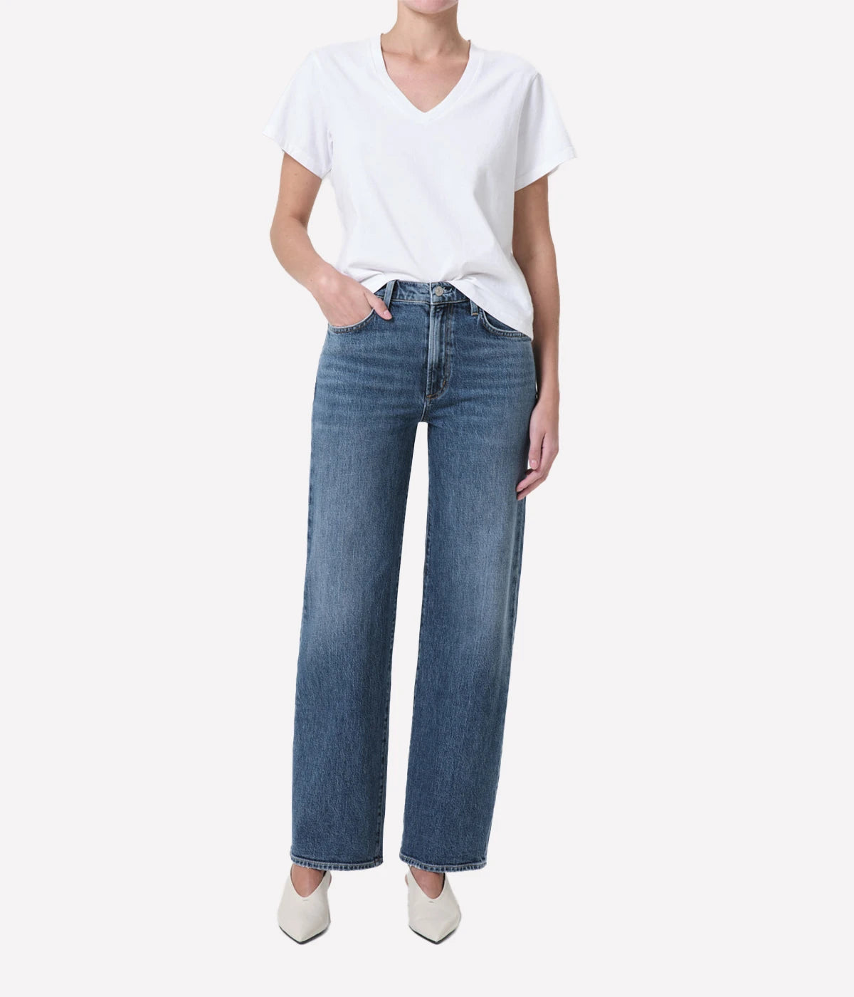 ALT Text: Harper Jean with a mid-rise, wide-leg silhouette in sustainable cotton blend. Ideal for casual or elevated styling.