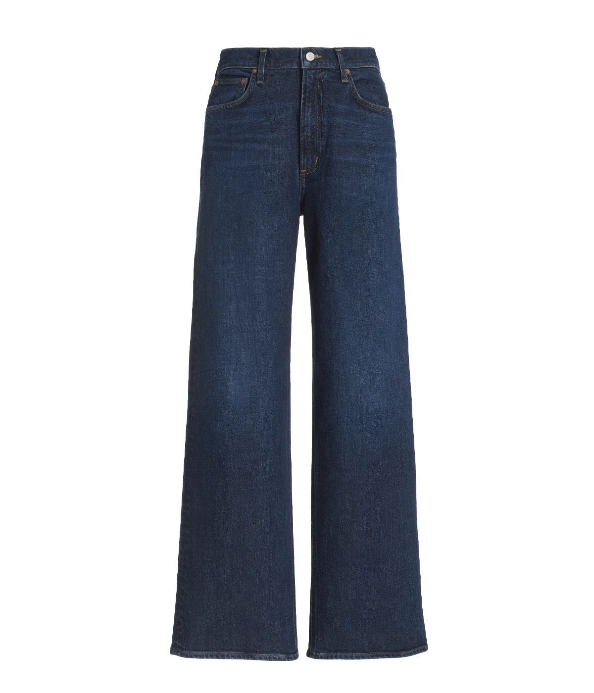 ALT Text: Dark-wash, high-waisted jeans with wide legs, ideal for retro-inspired outfits.