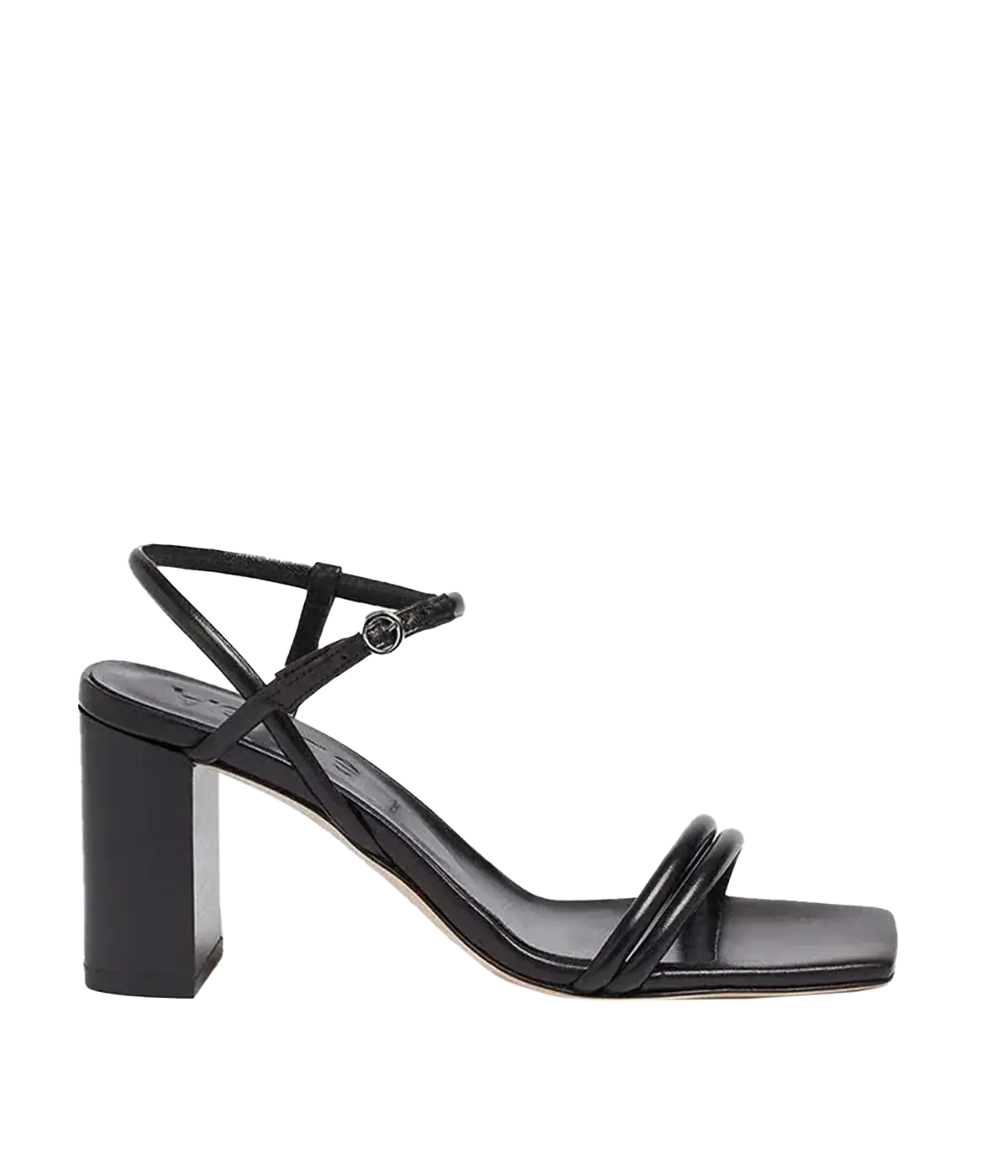 A classic ever occasion black block strappy heel  in black leather. Featuring a square toe and ankle strap. Comfortable, throw on and go, formal shoe, made in Europe.