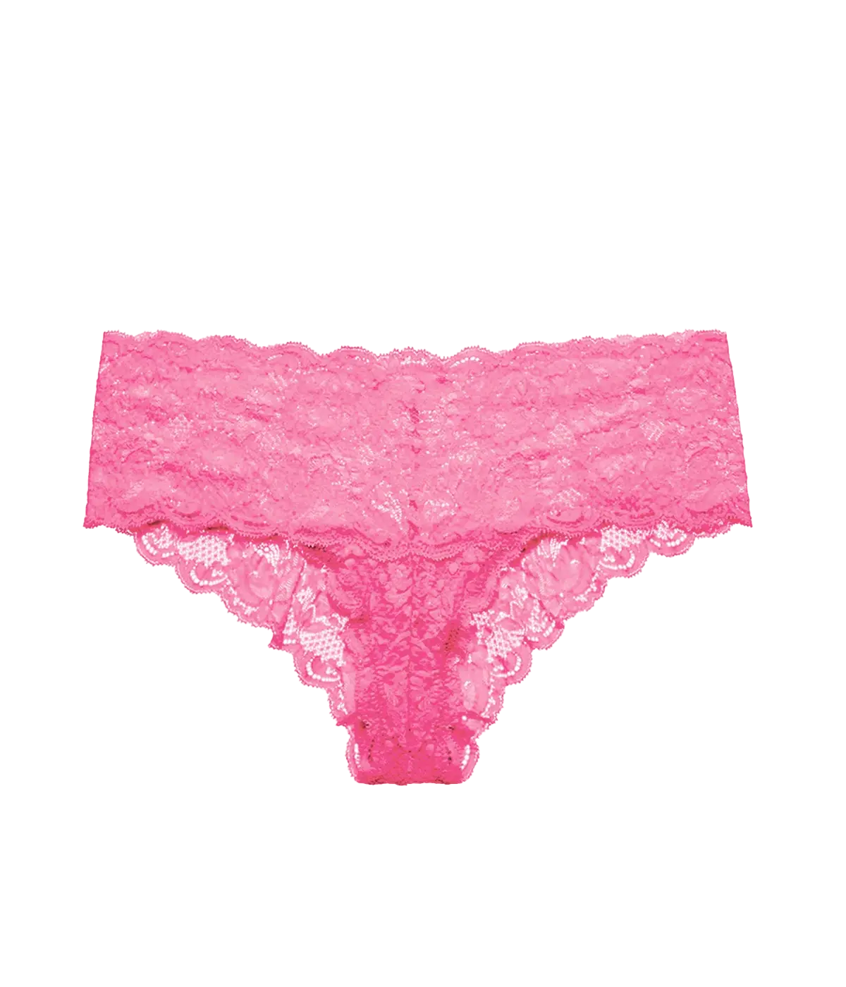 A hot pink Italian lace boyshort underpant, with a full coverage bottom, high waist and scallop lace detaling. Recovery, Italian lace, comfortable, everyday wear.