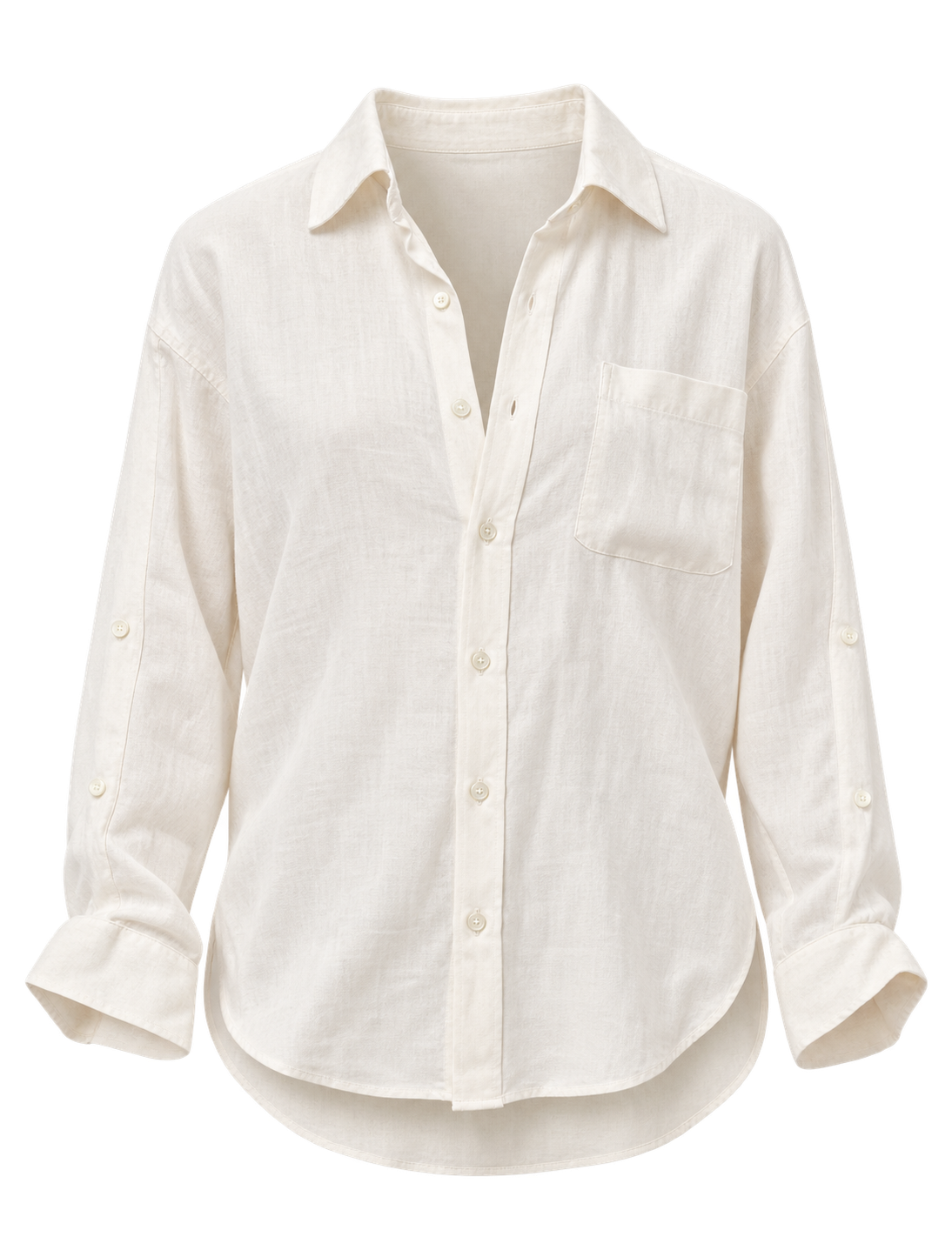 A flat lay of an off white linen button-down shirt with a chest pocket and matching beige drawstring trousers, styled with a gold pendant necklace against a plain white background.