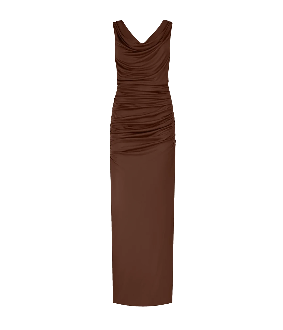A sexy elegant silky evening dress, in a chocolate colourway, featuring waterfall drapes, open back, low ruched back, zip closure and cowl neck. Date night dress, max length, sleeveless, made in Amsterdam, party dress, birthday dress. 