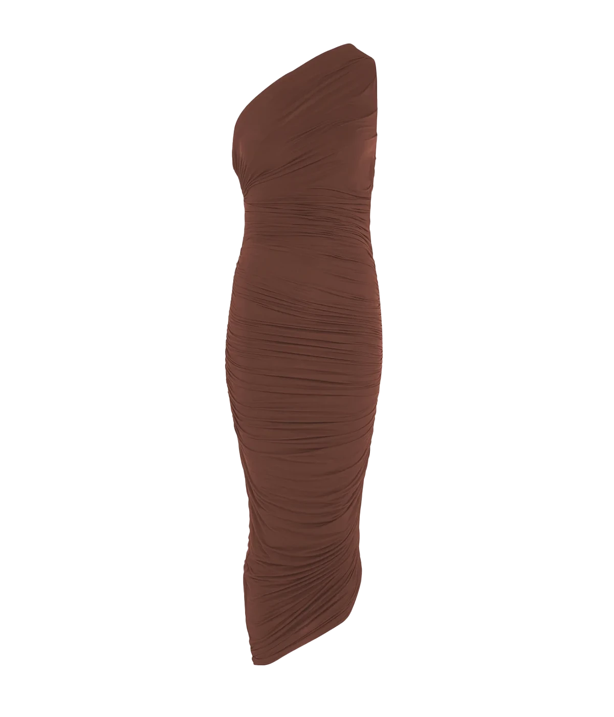 A sexy elegant silky evening dress, in a chocolate colourway, featuring a one shoulder, dipped hem and side draped ruching. Date night dress, midi length, sleeveless, made in Amsterdam, party dress, birthday dress. 