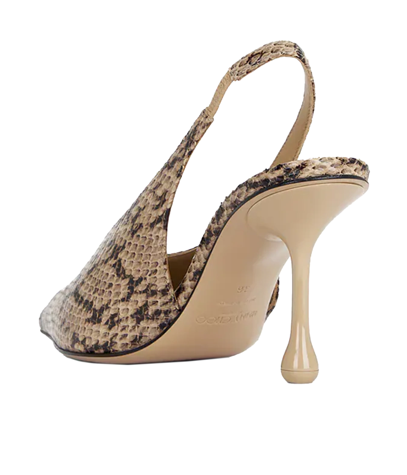 A single women's slingback high heel shoe with a beige and black snakeskin pattern upper, a beige stiletto heel, and a matching beige insole, shown from a side-rear angle on a white background.