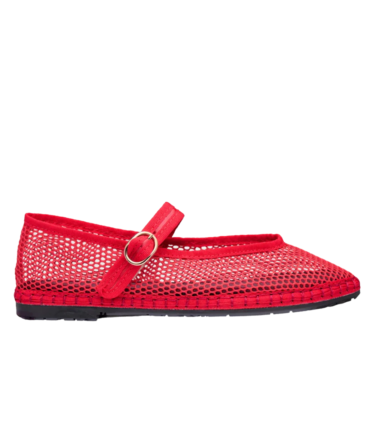 Side profile of the Flabelus Isabella in Red, showing the bold red mesh upper, tonal piping and patent leather buckle strap across the instep