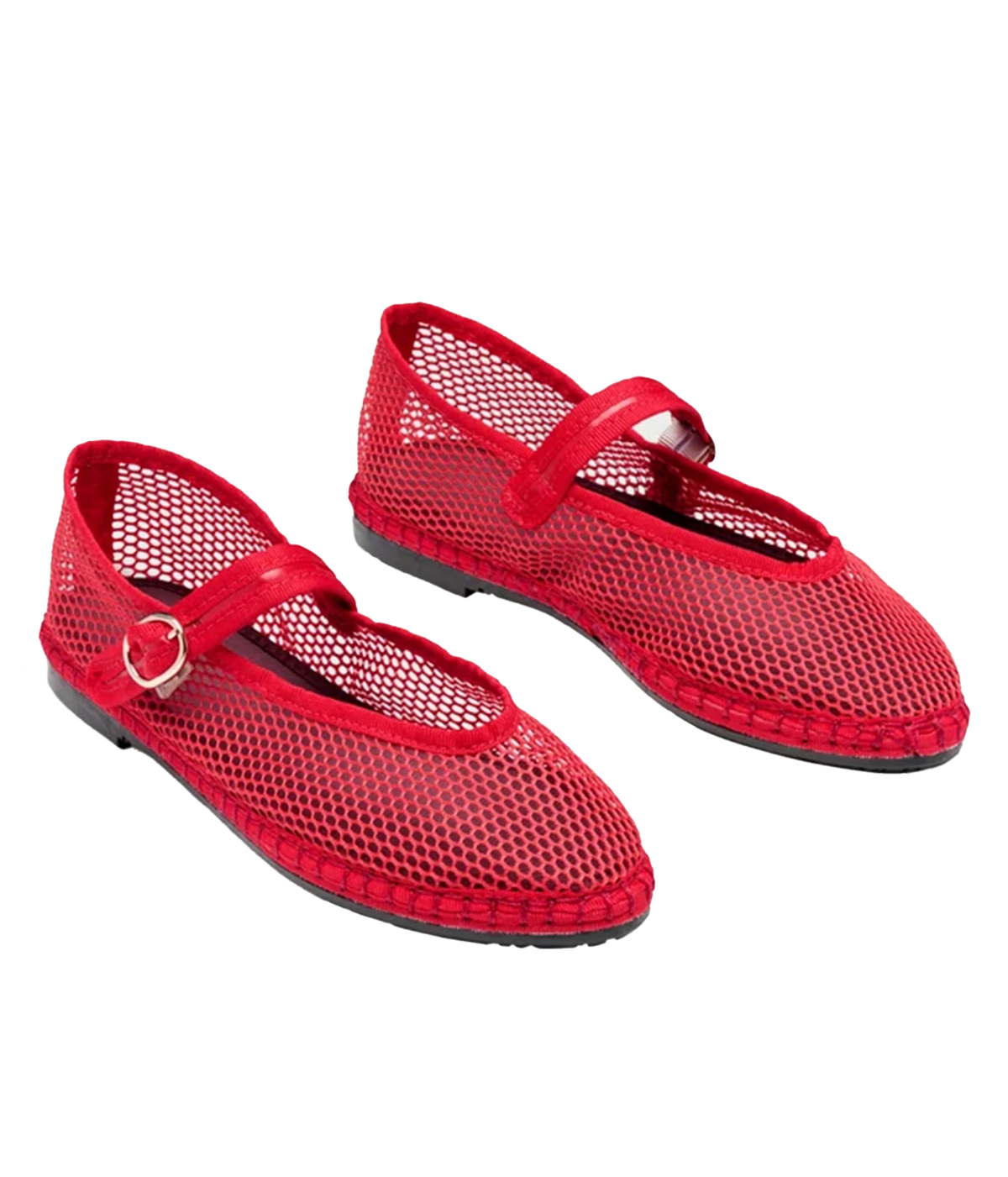 Pair of Flabelus Isabella in Red angled from the front, showing the V-cut vamp, red mesh upper and patent leather buckle straps