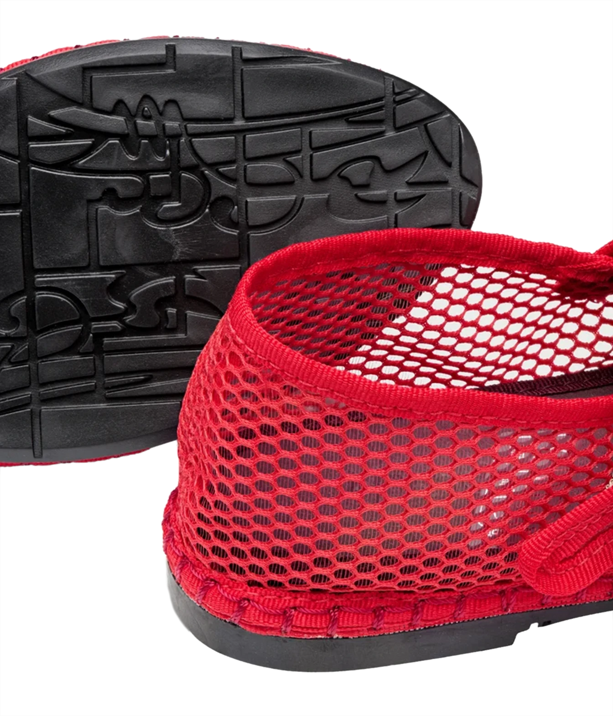Close-up of the Flabelus Isabella in Red showing the mesh heel, tonal red piping and patterned recycled rubber sole