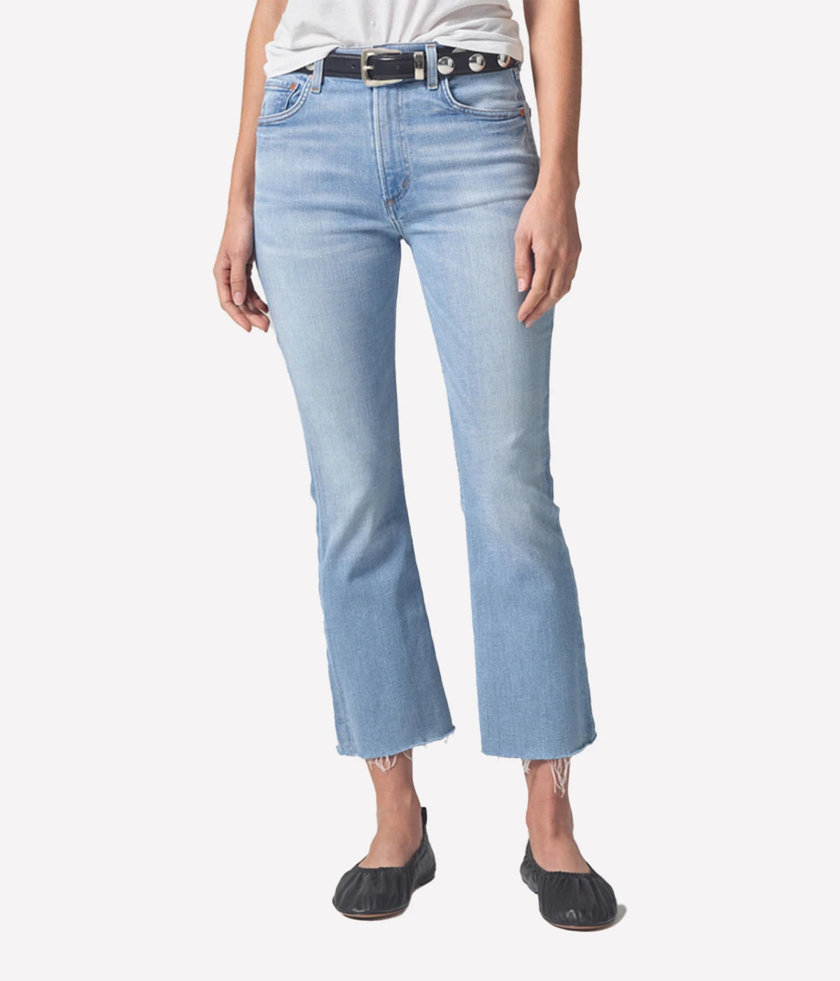 Cropped bootcut mid-rise jeans with a finished hem, perfect for showcasing shoes.