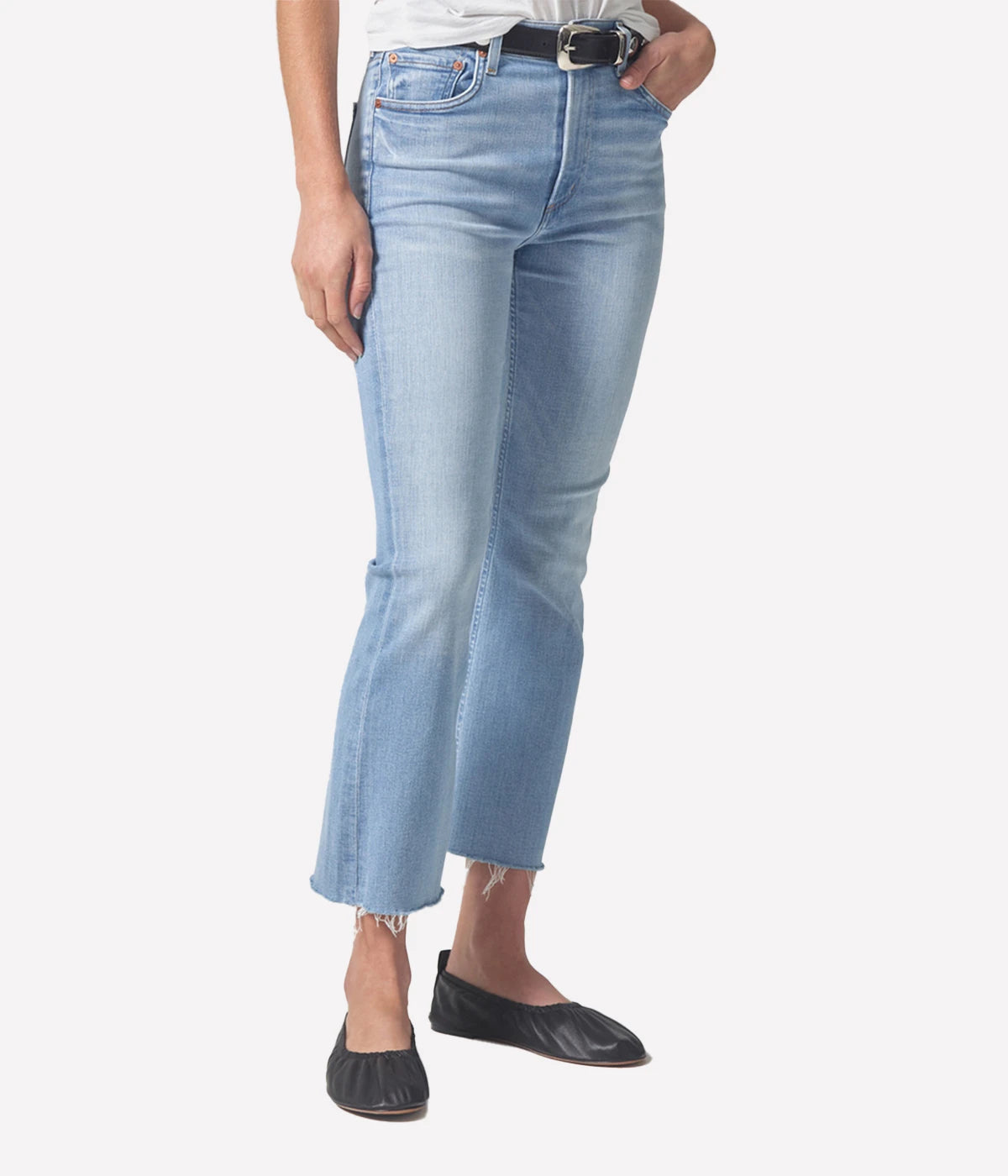 Cropped bootcut mid-rise jeans with a finished hem, perfect for showcasing shoes.