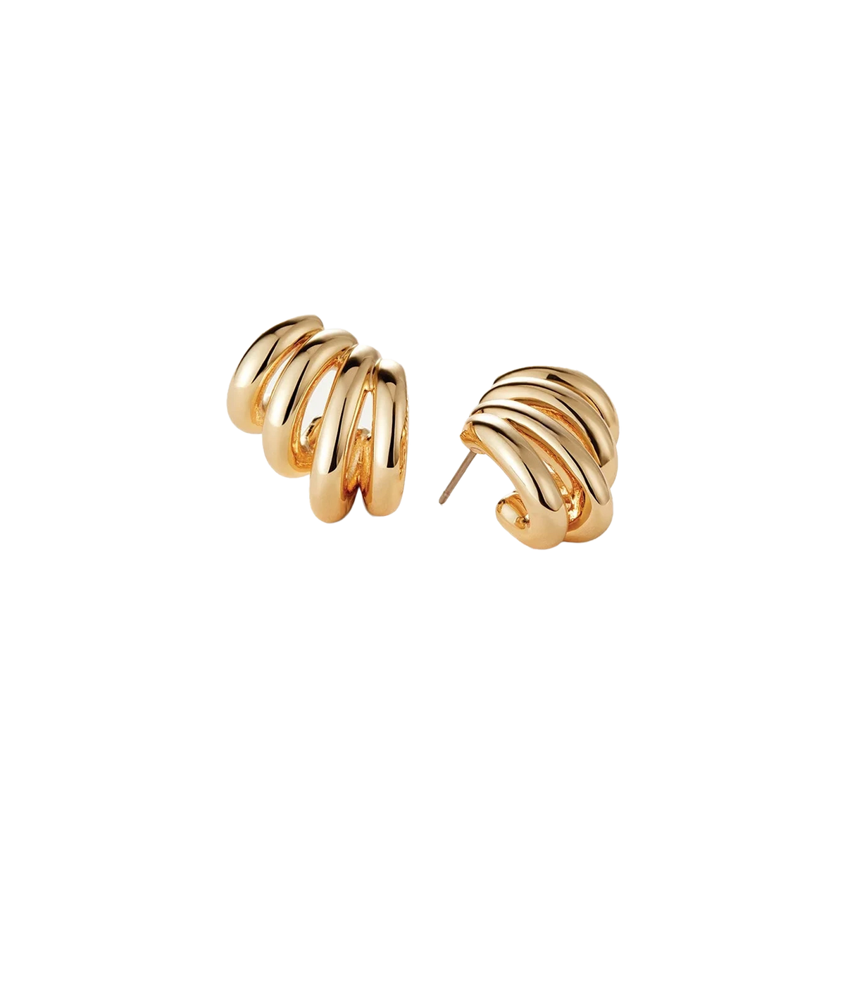 Jenny Bird Monroe Earrings in Gold shown as a pair, showing three sculpted tubular bands curving into a chunky huggie shape