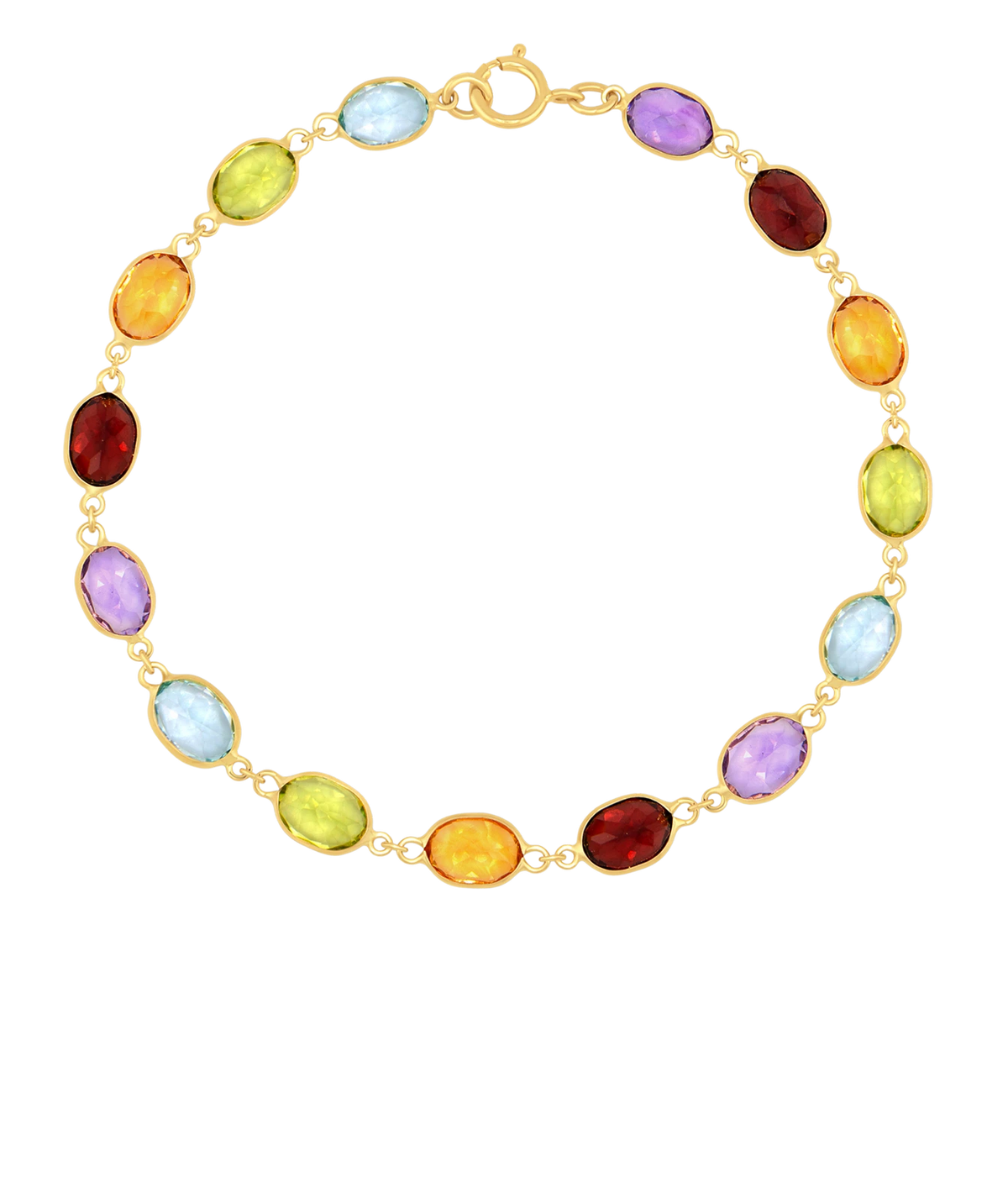 JIA JIA Chakra Rainbow Gemstone Oval Bracelet in Rainbow laid flat in a circle, with oval gemstones in green, aqua, purple, red, orange and yellow linked by gold chain and finished with a gold spring ring clasp