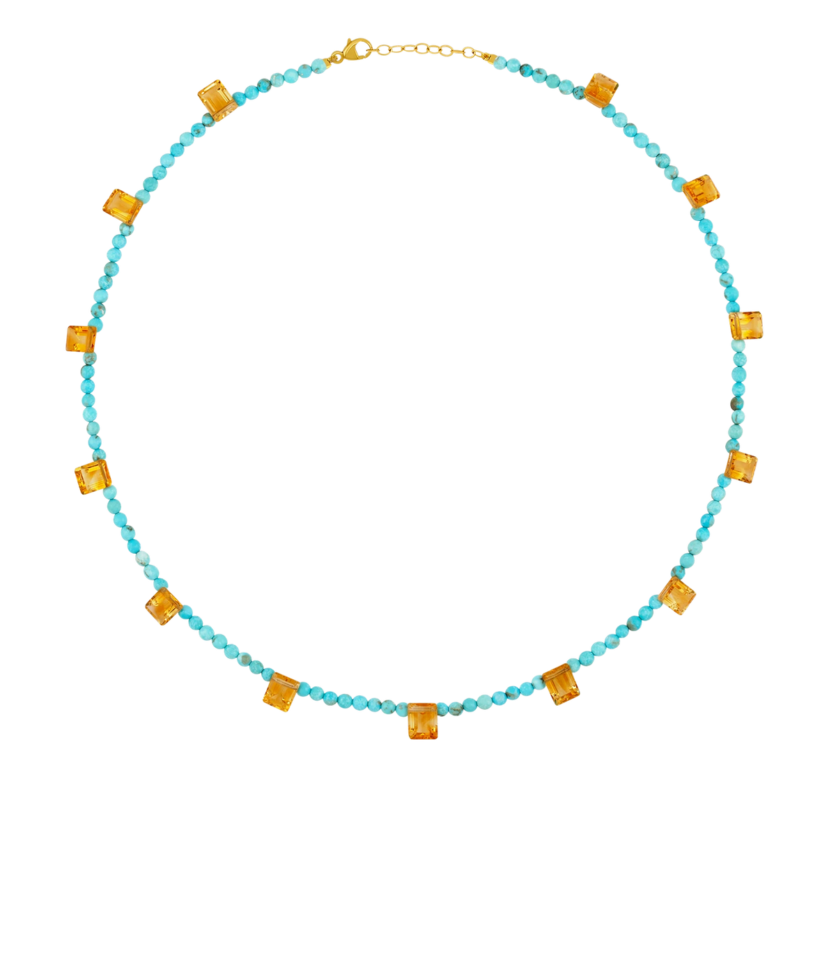 JIA JIA Arizona Turquoise Citrine Jewel Drop Necklace in Blue & Yellow laid flat in a full circle, with turquoise beads and warm orange emerald-cut citrine stones spaced around the strand, finished with a gold clasp