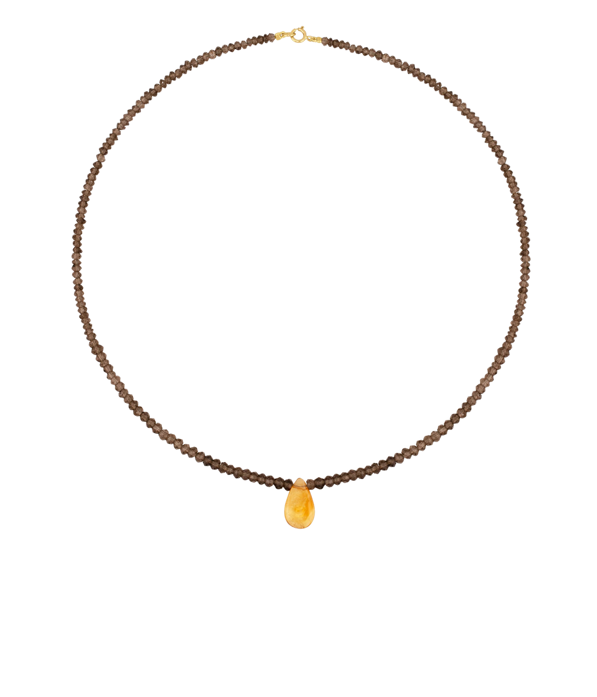 JIA JIA Arizona Smoky Quartz Citrine Raindrop Necklace in Brown & Yellow laid flat in a full circle, with dark smoky quartz beads and a single orange-yellow citrine raindrop at the centre