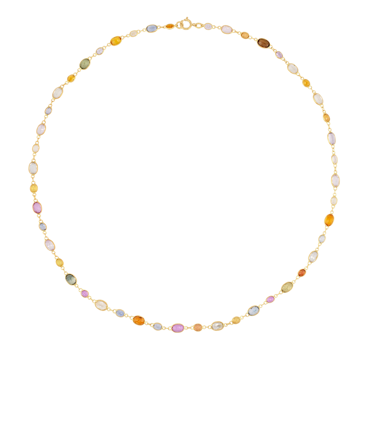 JIA JIA Chakra Sapphire Long Necklace in Rainbow laid flat in a full circle, with small multicoloured sapphires bezel-set at intervals along a fine yellow gold chain