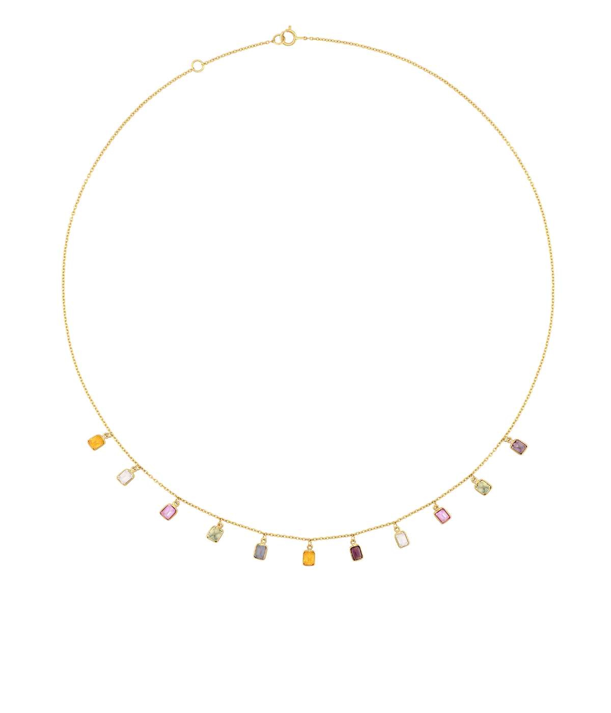 JIA JIA Chakra Rainbow Sapphire Gold Bezel Drop Necklace in Rainbow laid flat in a full circle, with small bezel-set sapphire drops in soft pastel and warm tones hanging from a fine gold chain