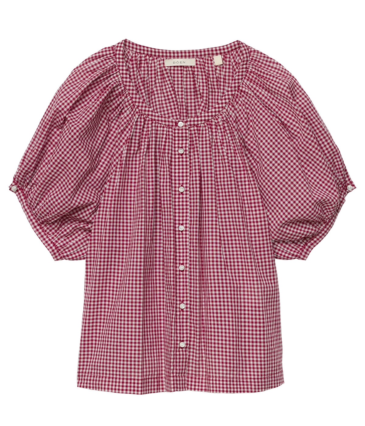 A red and white gingham check blouse with puff sleeves, a square neckline, and a button-down front, shown flat on a white background.